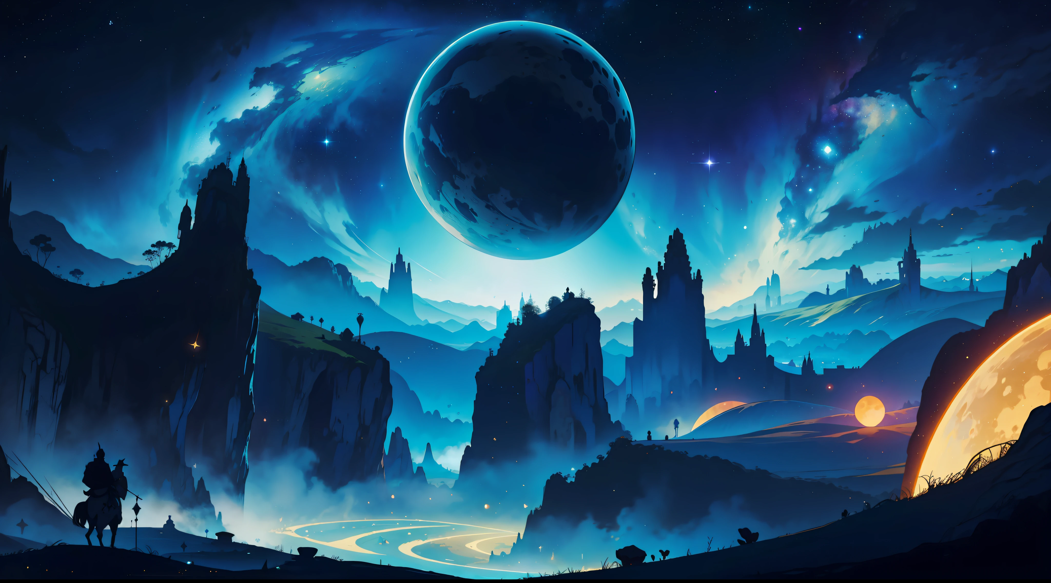 paisagem de fantasia, fantasia sombria, medieval, vista aerea, planetas, galaxias, tons escuros, maga