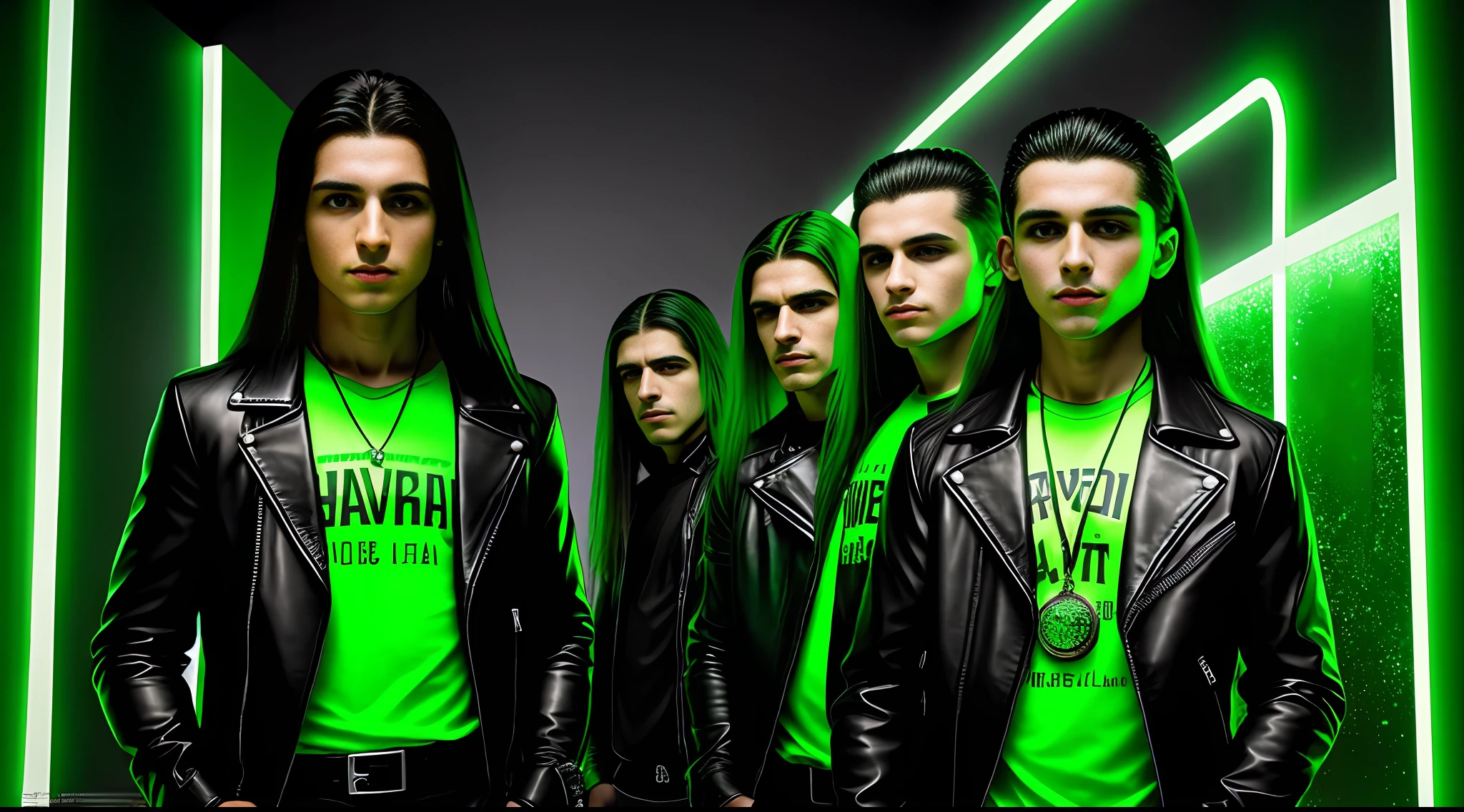 4 BOYS Russian children with WITH LONG STRAIGHT HAIR dark, ESTILO RETRATO, black leather jacket that are holding a lamp, imagem promocional do filme, promotional image, Imagem promocional, Arte Promocional, next gen, verde brilhante, brilho verde, Programa de TV, olhos verdes brilhantes, arte chave, Brilho Verde, neon verde, olhos verdes sobrenaturais, photo render, enigmatic!!, Cor ainda, imagem renderizada