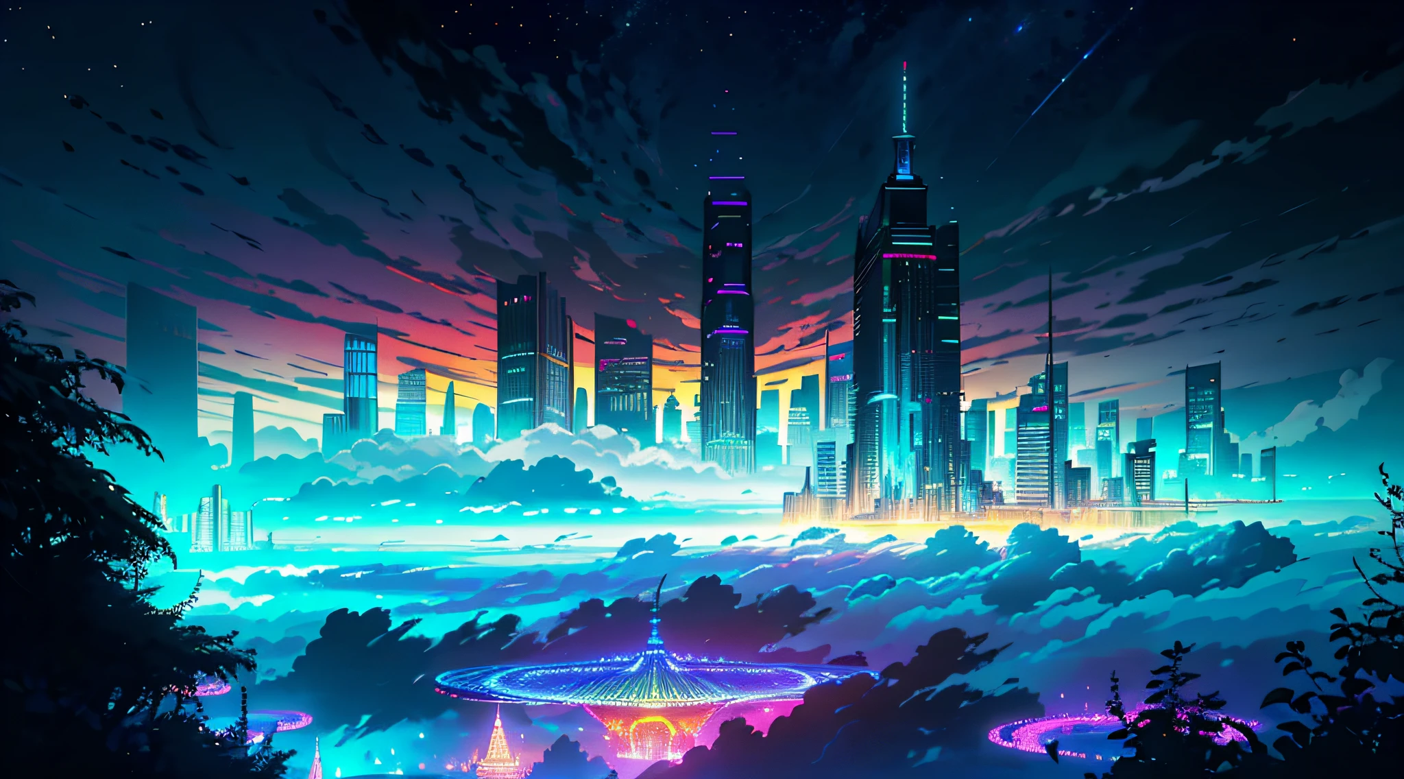 octane render, bioluminescent,8K resolution concept art, realism,by Mappa studios,masterpiece,best quality,official art,illustration,ligne claire,(cool_color),perfect composition,absurdres, fantasy,focused,(finely detailed modern lost_city:1.3),(lost_city towering above the clouds:1.2),epic,an ,motion,(depth_of_field), extension image, view from above of a futuristic amusement park,intricate detail,neon light,wheel,the park is on a floating island in the sky, above the cloud, night, park furniture, entertaining center,