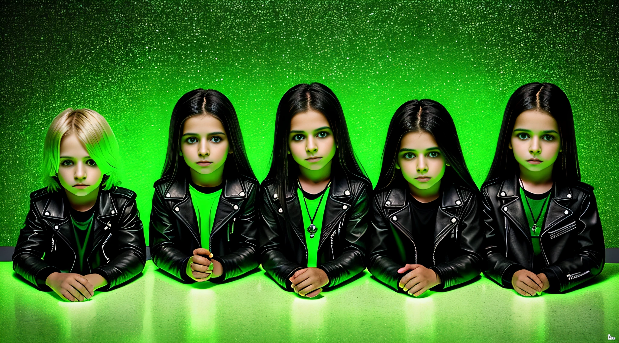 4 BOYS Russian children with 15 years of age WITH LONG STRAIGHT HAIR dark, ESTILO RETRATO, black leather jacket that are holding a lamp, imagem promocional do filme, promotional image, Imagem promocional, Arte Promocional, next gen, verde brilhante, brilho verde, Programa de TV, olhos verdes brilhantes, arte chave, Brilho Verde, neon verde, olhos verdes sobrenaturais, photo render, enigmatic!!, Cor ainda, imagem renderizada
