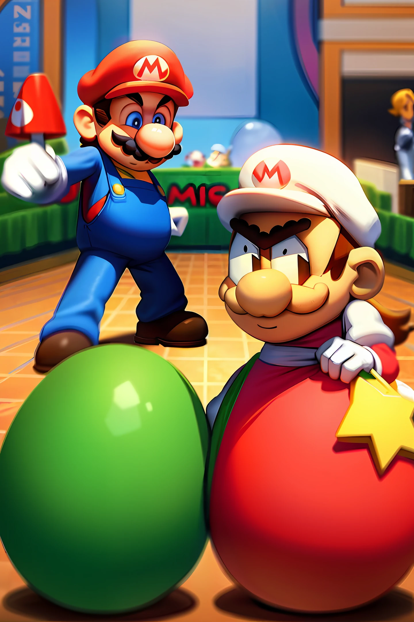 Super Mario Bros. with white butcher shop outfit and the number 59 in the background