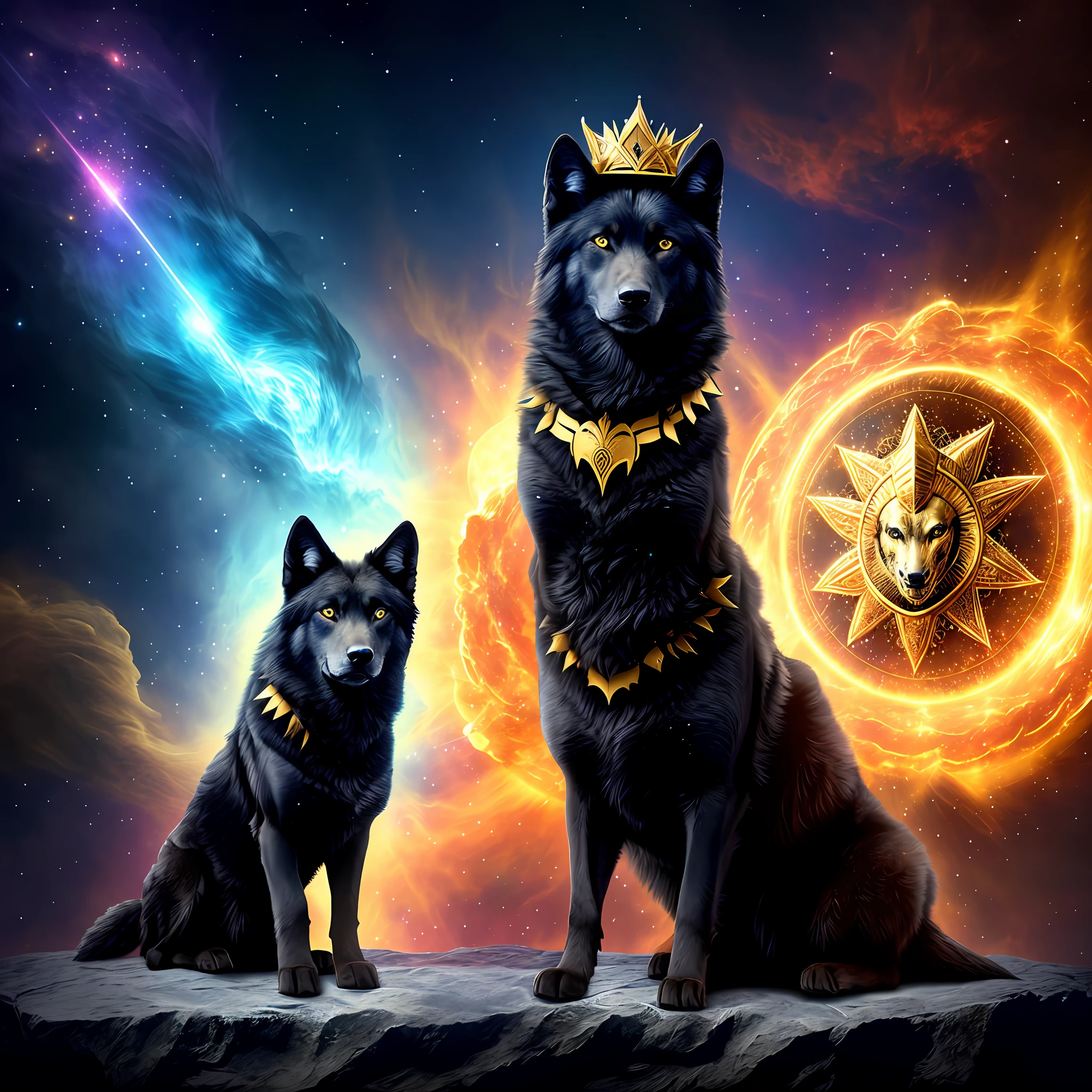 photo of, portrait , a humanoid black wolf in full royal costume and a golden crown , seated on a throne, against the background of the nebula ((Better )) hyperrealism, super realism, proportional, Overall Quality, stylized