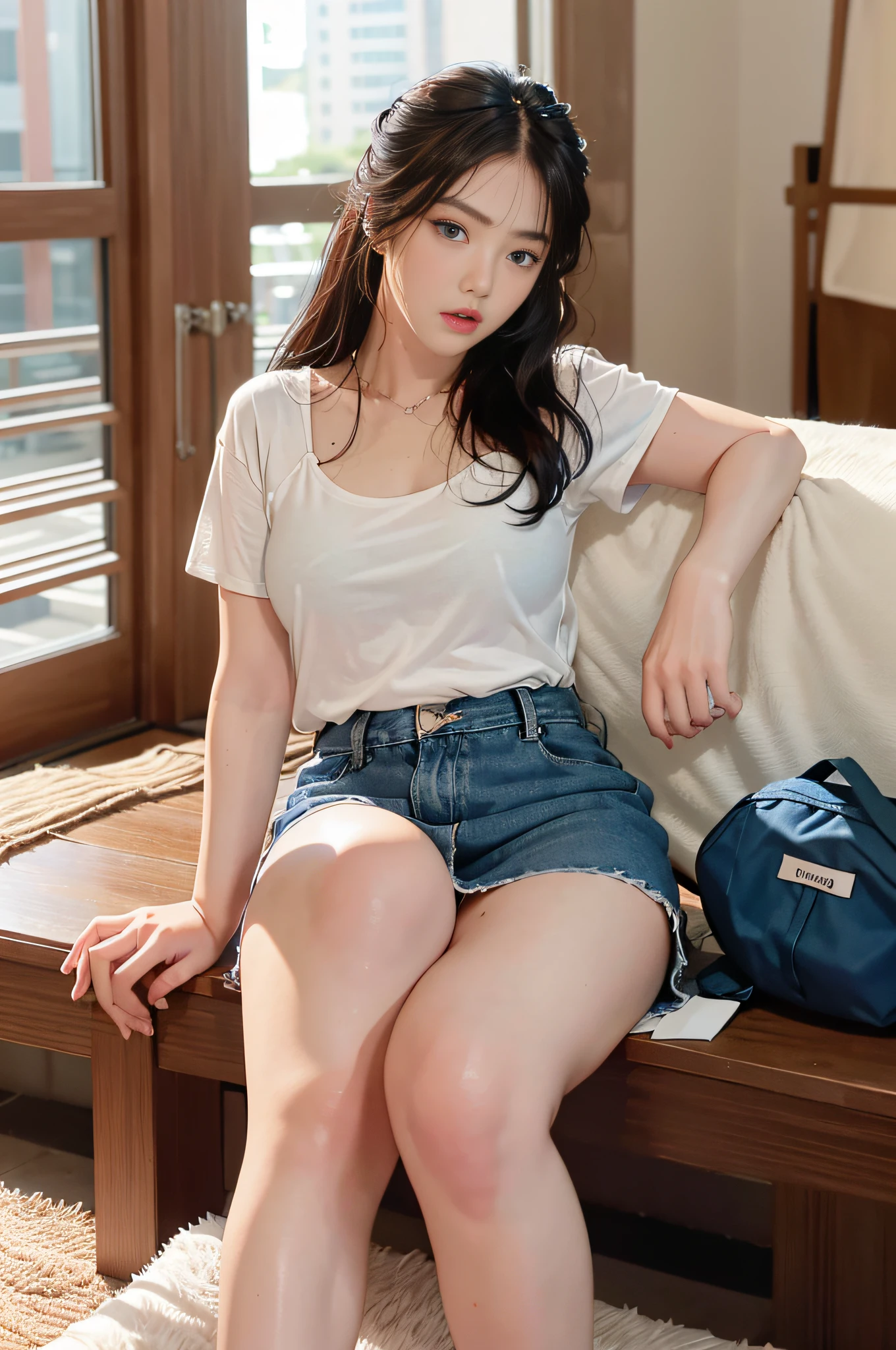 lifelike, high resolusion, tgirls, hakuhatsu, South Korea, blue eyes, Small moles under the eyes, Loose white shirt,Short blue skirt, Sports short,Big house, thick thighs, One pair of legs crossed, sitting,Pale skin,Melancholy eyes