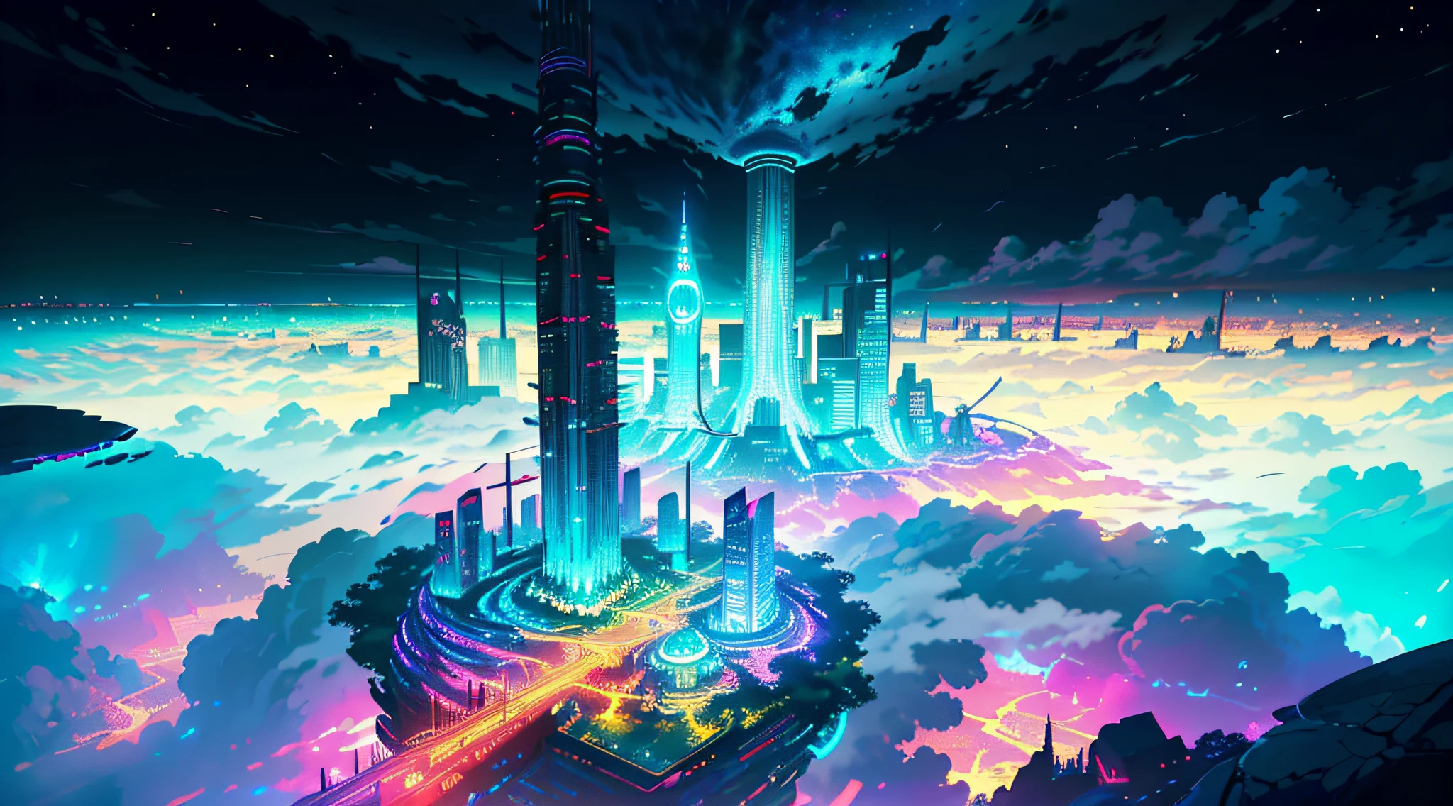 octane render, bioluminescent,8K resolution concept art, realism,by Mappa studios,masterpiece,best quality,official art,illustration,ligne claire,(cool_color),perfect composition,absurdres, fantasy,focused,(finely detailed modern lost_city:1.3),(lost_city towering above the clouds:1.2),epic,an ,motion,(depth_of_field), extension image, view from above of a futuristic amusement park,intricate detail,neon light,wheel,the park is on a floating island in the sky, above the cloud, night, park furniture, entertaining center,