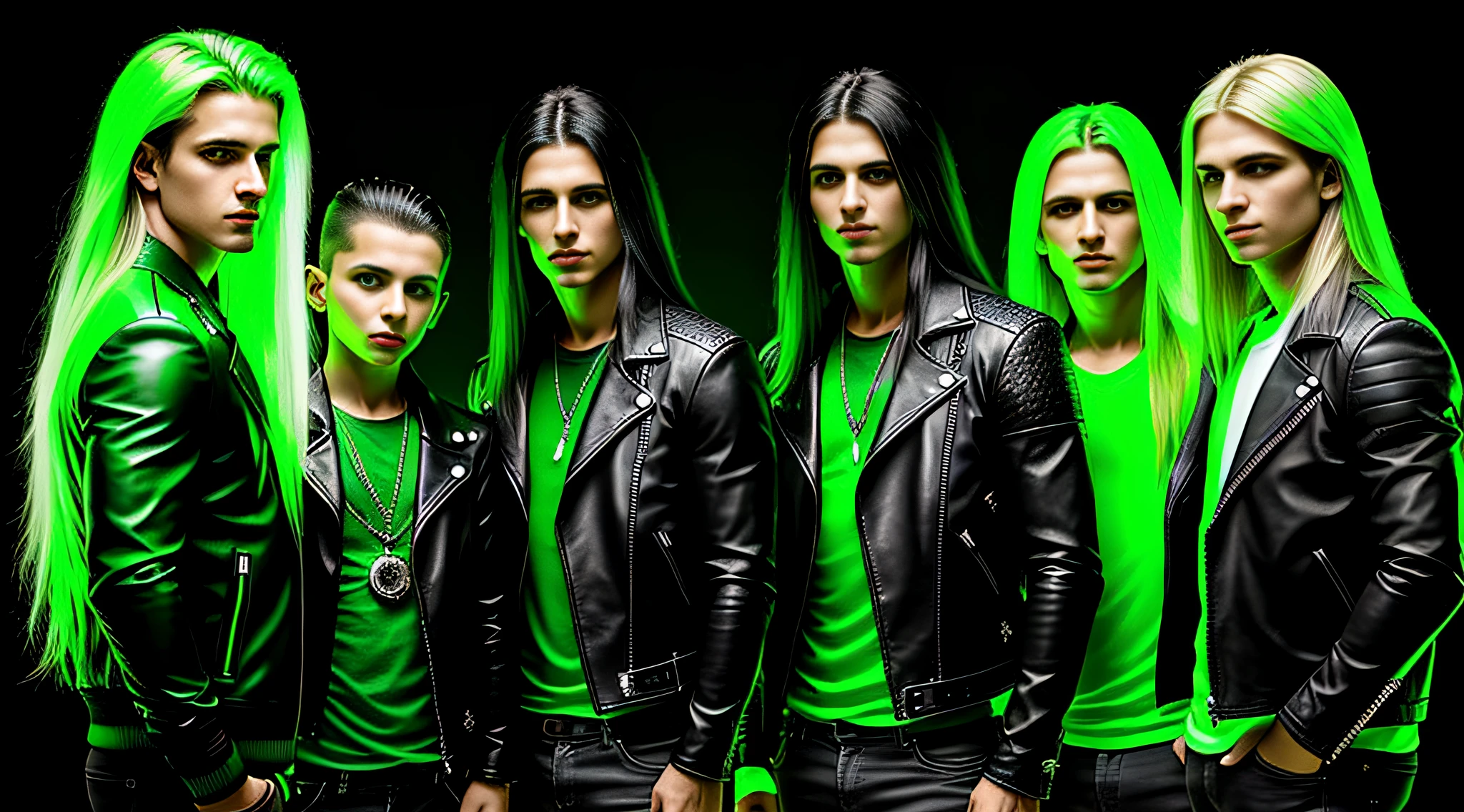 4 BOYS Russian children with 20 years of age WITH LONG STRAIGHT HAIR dark, ESTILO RETRATO, black leather jacket that are holding a lamp, imagem promocional do filme, promotional image, Imagem promocional, Arte Promocional, next gen, verde brilhante, brilho verde, Programa de TV, olhos verdes brilhantes, arte chave, Brilho Verde, neon verde, olhos verdes sobrenaturais, photo render, enigmatic!!, Cor ainda, imagem renderizada
