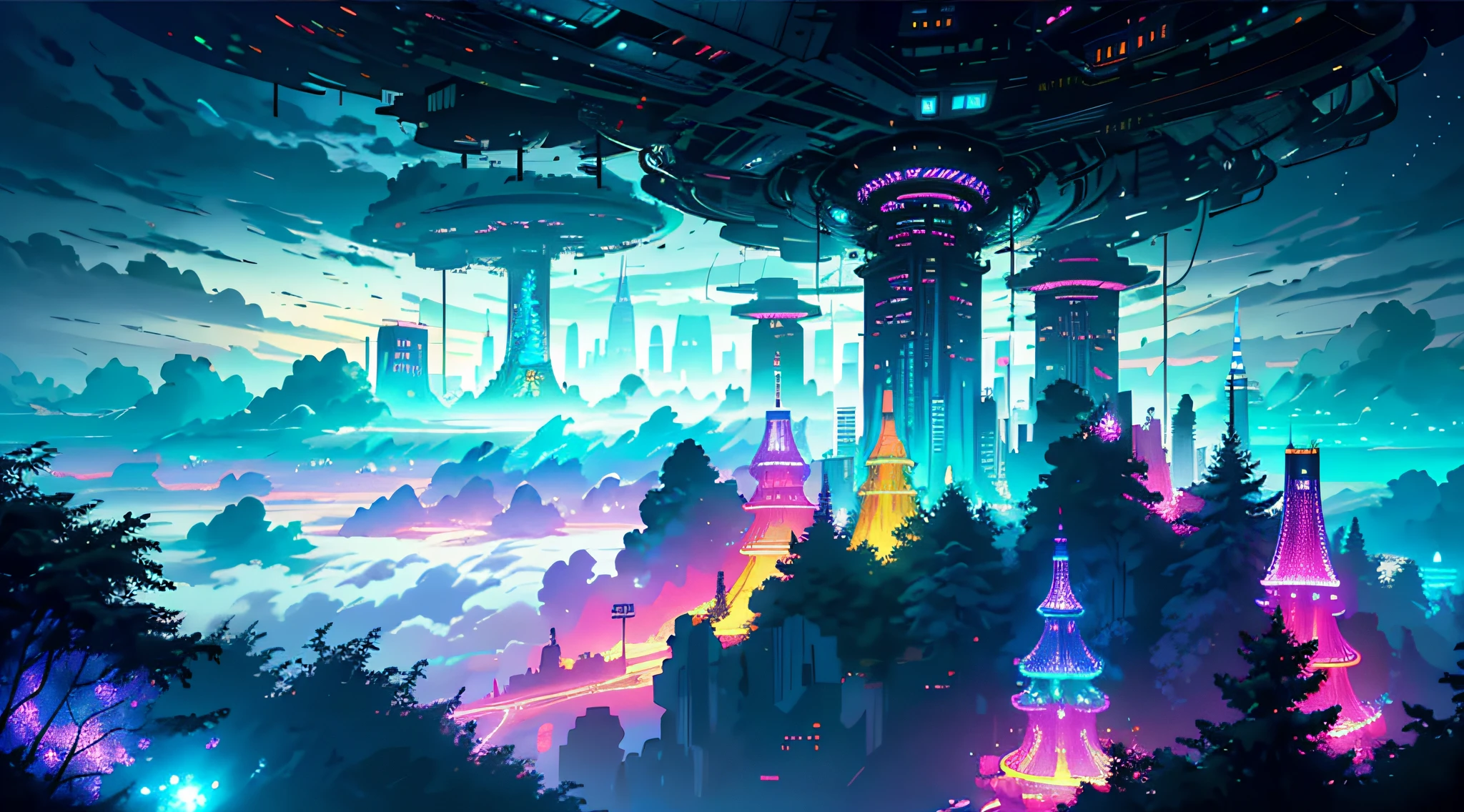 octane render, bioluminescent,8K resolution concept art, realism,by Mappa studios,masterpiece,best quality,official art,illustration,ligne claire,(cool_color),perfect composition,absurdres, fantasy,focused,(finely detailed modern lost_city:1.3),(lost_city towering above the clouds:1.2),epic,an ,motion,(depth_of_field), extension image, view from above of a futuristic amusement park,intricate detail,neon light,wheel,the park is on a floating island in the sky, above the cloud, night, park furniture, entertaining center,
