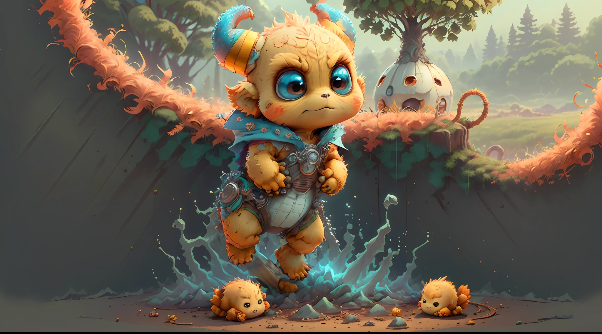 (extremely cute and delicate CG illustration, ultra-detailed and ultra-high quality), best illumination, best shadow, an extremely cute and adorable cu73cre4ture (agama), with big round eyes and a small cute mouth, small horns on its head, vibrant and vivid colors, dynamic angle, dynamic pose, floating, in a magical and enchanting place, with lush vegetation and vibrant flowers.