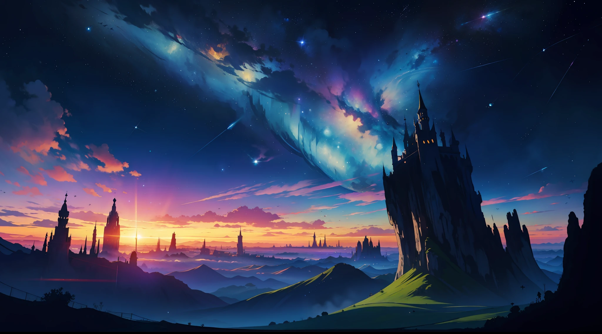 paisagem de fantasia, fantasia sombria, medieval, vista aerea, planetas, galaxias, magia, tons escuros, feiticeira, guerreia, clériga, ladina