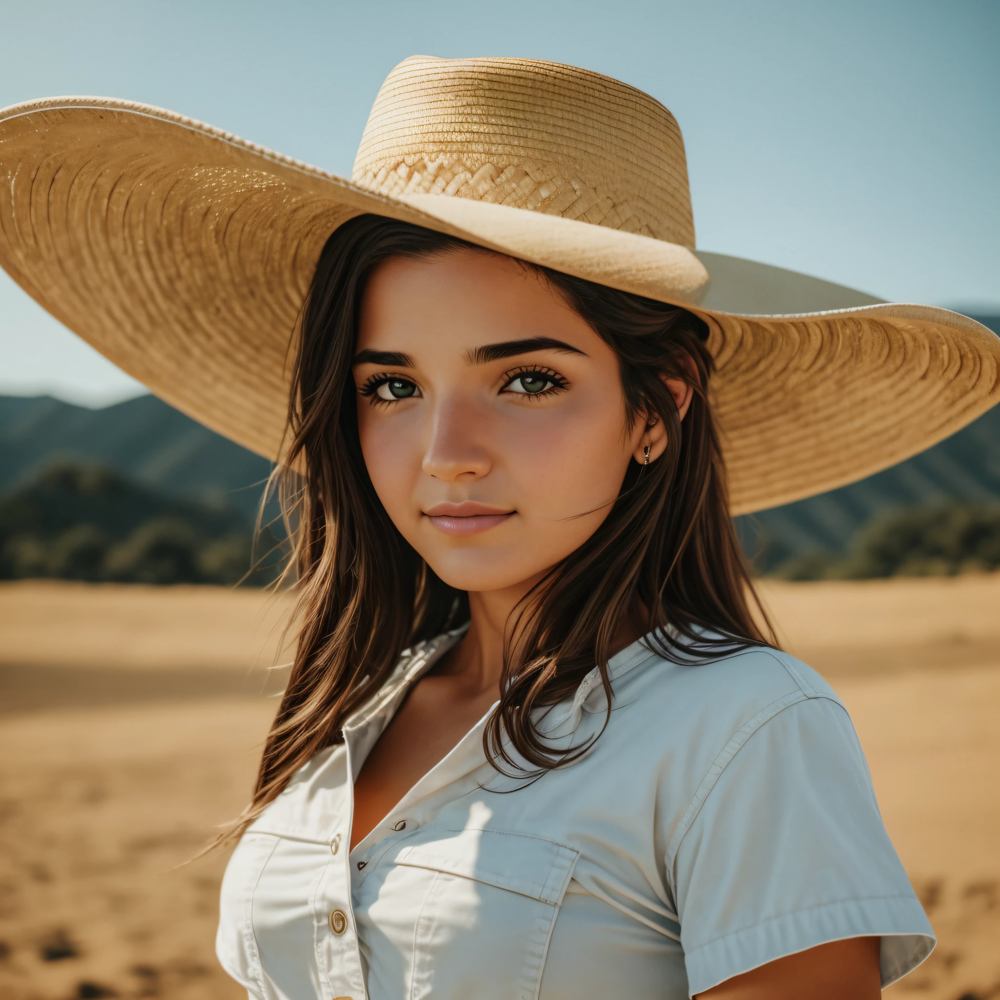 Close up foto de Gracie Abrams vestindo uma camiseta, cowboy hat, 8K UHD, DSLR, lighting smooth, alta qualidade, film grain, olhos castanhos, cabelos negros, olhar doce, fazenda --auto --s2
