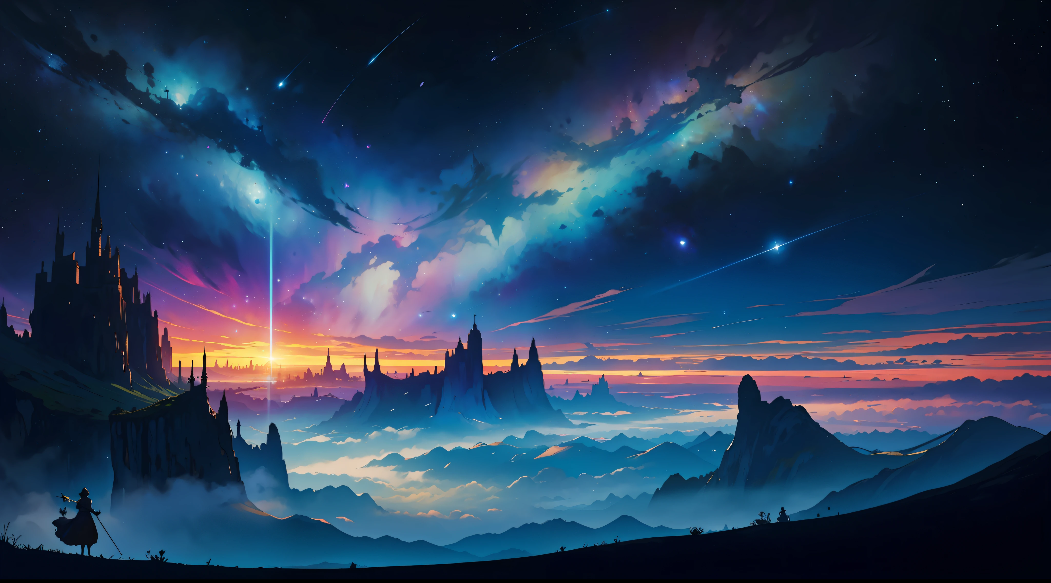 paisagem de fantasia, fantasia sombria, medieval, vista aerea, planetas, galaxias, magia, tons escuros, feiticeira, guerreia, clériga, ladina