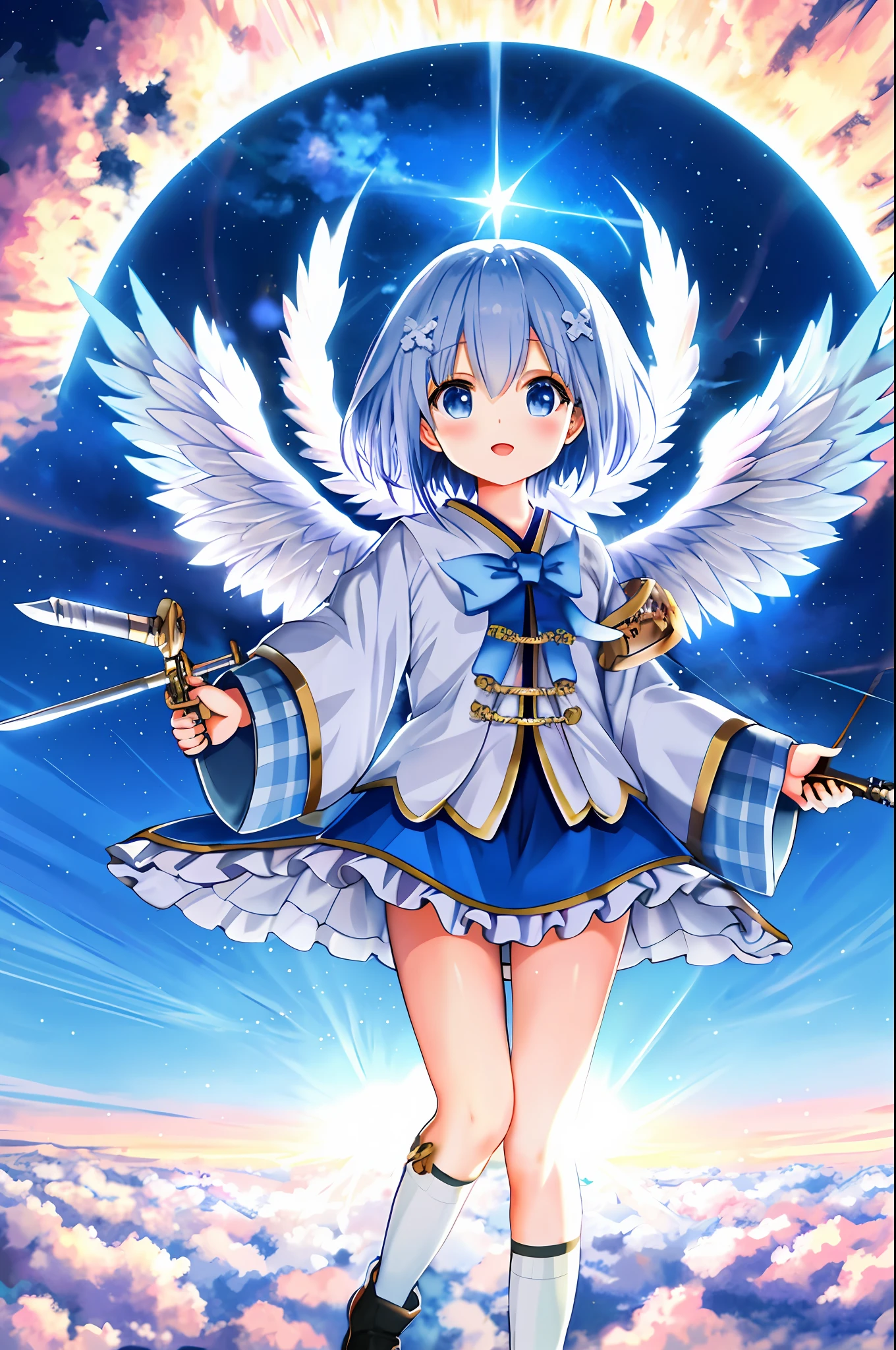 Japanese girl angel of heaven with 6 wings and a sword in hand blowing the trumpet of the Apocalypse on top of the clouds