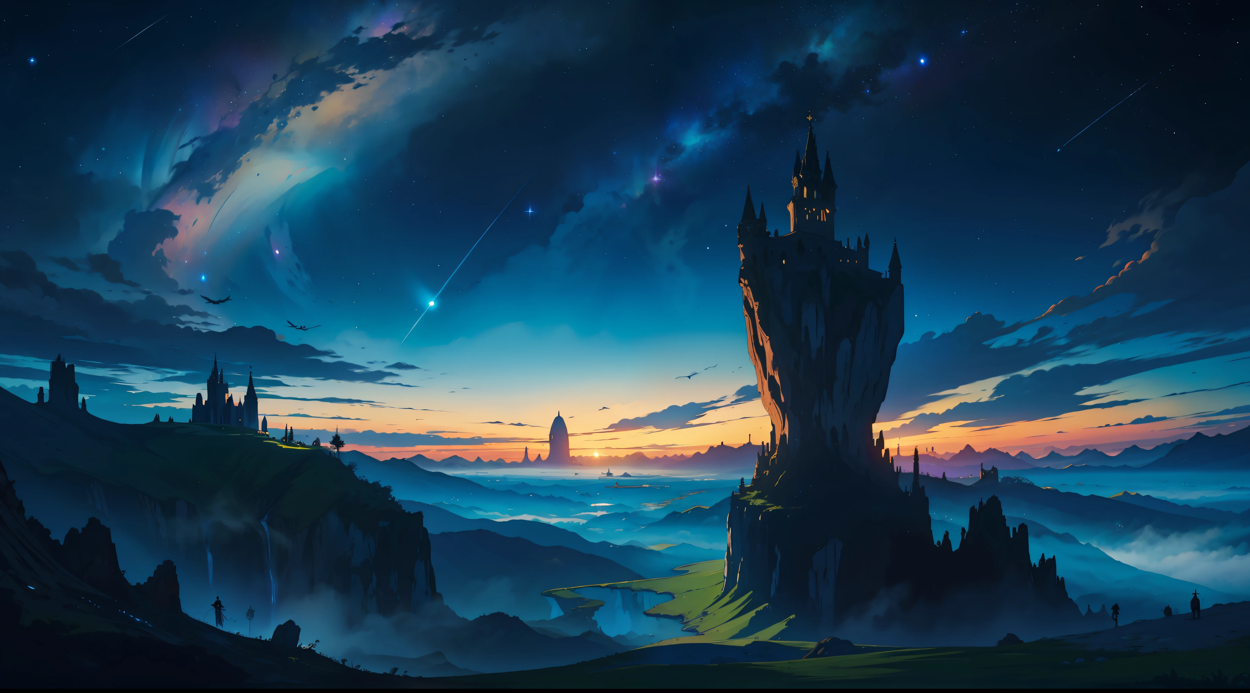 paisagem de fantasia, fantasia sombria, medieval, vista aerea, planetas, galaxias, magia, tons escuros, feiticeira, guerreia, clériga, ladina