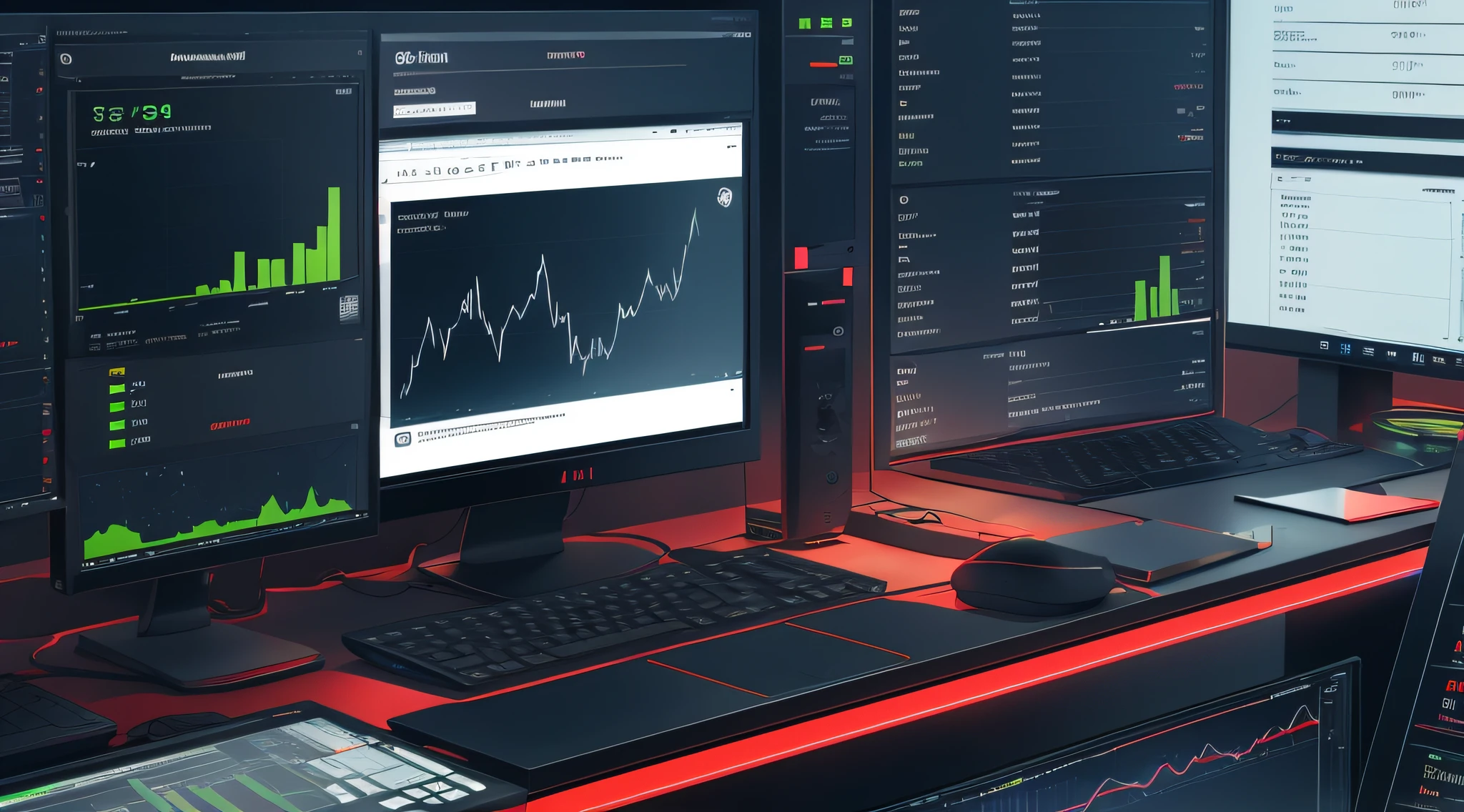 there are three monitors and a keyboard on a desk with a monitor, best on adobe stock, sidefx houdini, 8k octae render photo, pc screen image, trading, product render, trading stocks, nvidia and behance, a computer rendering, computer render, dark setup, 3 d render beeple, digital render, traders