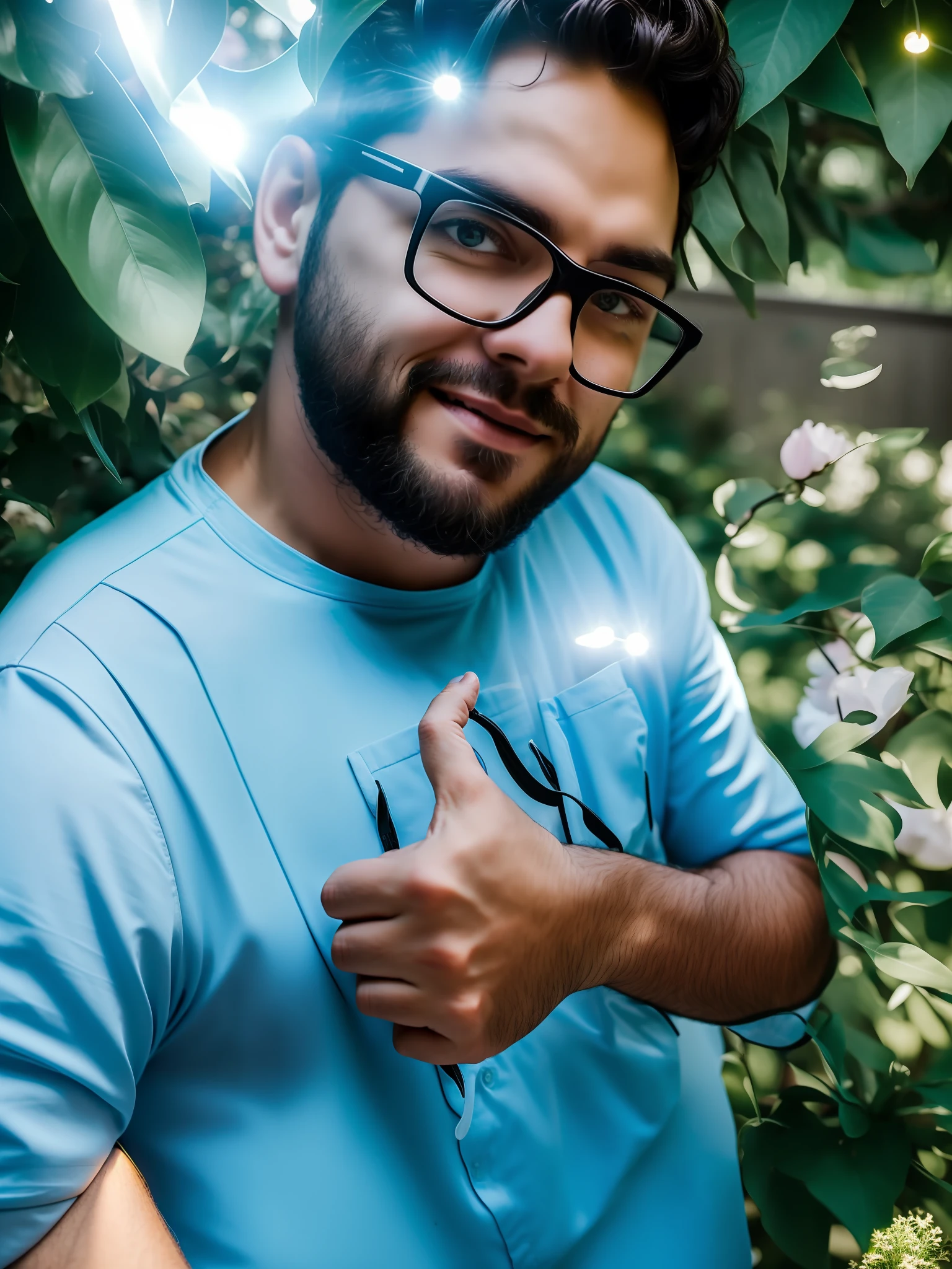 Um homem de 30 anos, Em um jardim de flores variadas (((great lighting))) fotografia premiada.