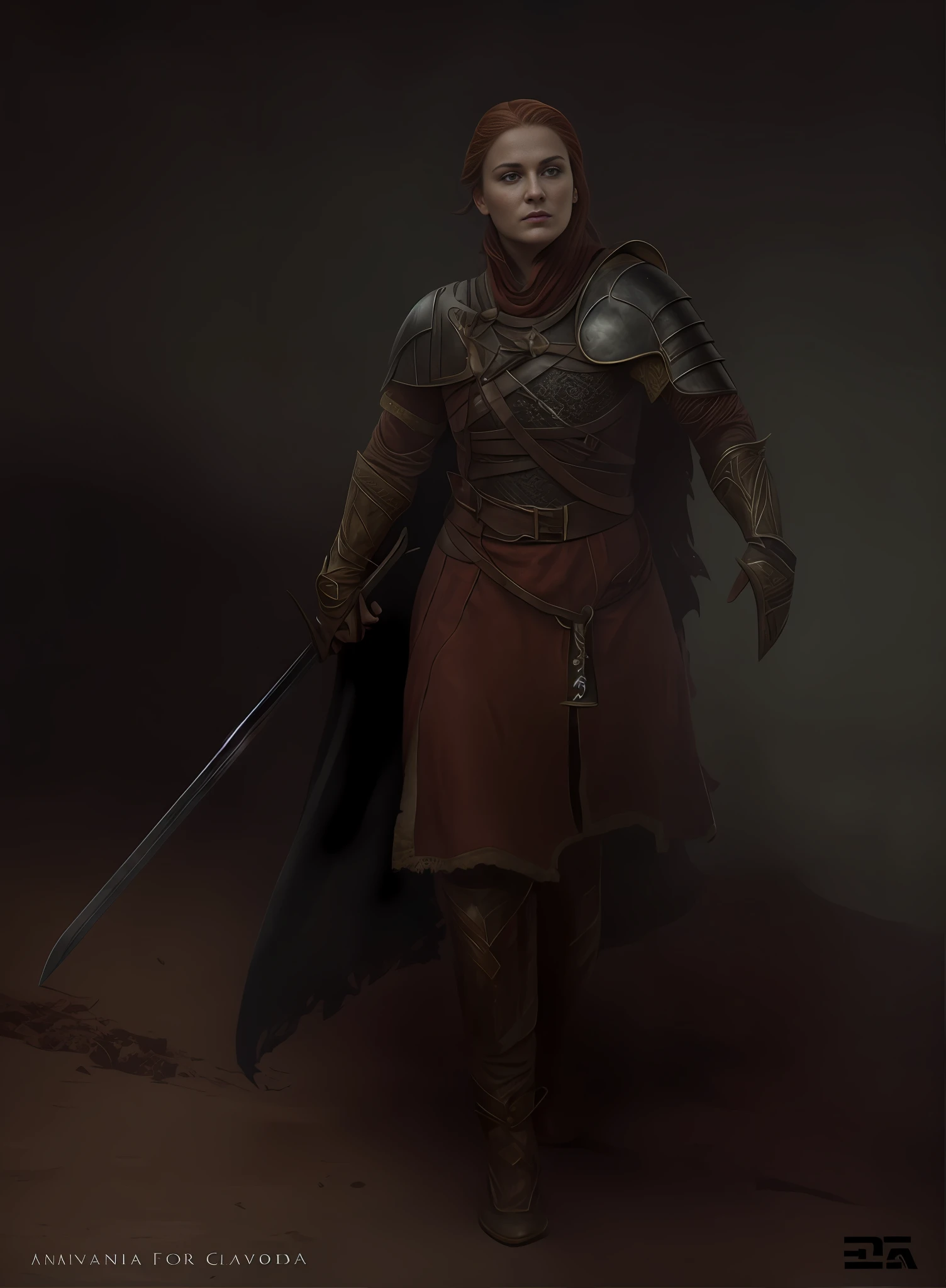 uma pintura de uma mulher astuta de armadura segurando uma espada, Guerreira adulta do norte, Retrato do Paladino Feminino, Guerreira do Norte, Arte conceitual de um guerreiro, cavaleiro feminino, Guerreira, female paladin, protagonista feminina, fantasia paladin mulher, female redhead templar, picture of female paladin, retrato cavaleiro feminino, assassina feminina, arte conceitual sombria, photogenic details on clothing, armadura e roupas desgastadas, armadura leve de couro e tecido vermelho escuro, cinematic RAW sincere portrait photo, Full body photo of 33-year-old female warrior (pele altamente detalhada: 1.2) ((mulher)) mulher forte em um (traje de armadura de couro com tecido vermelho escuro para homem) em ((game of thrones medieval westeros)) 8k uhd, dslr, lighting smooth, alta qualidade, film grain, Fujifilm XT3 olhos abertos perfeitos, corpo forte, serious face, rosto levemente sujo de fuligem, serious look, combatente medieval, female male military commander/paladino medieval, mulher posando para imagem, combat position, rosto destemido, rosto forte, rosto intimidador, andando em uma floresta extremamente escura, mud floor, clay on the ground, highly detailed water reflection, leve garoa caindo, riacho passando ao lado direito da foto, espada extremamente detalhada, 4k qualidade, 8k qualidade, Very high quality digital illustration, beautiful details in the clothes, detalhes na roupa
