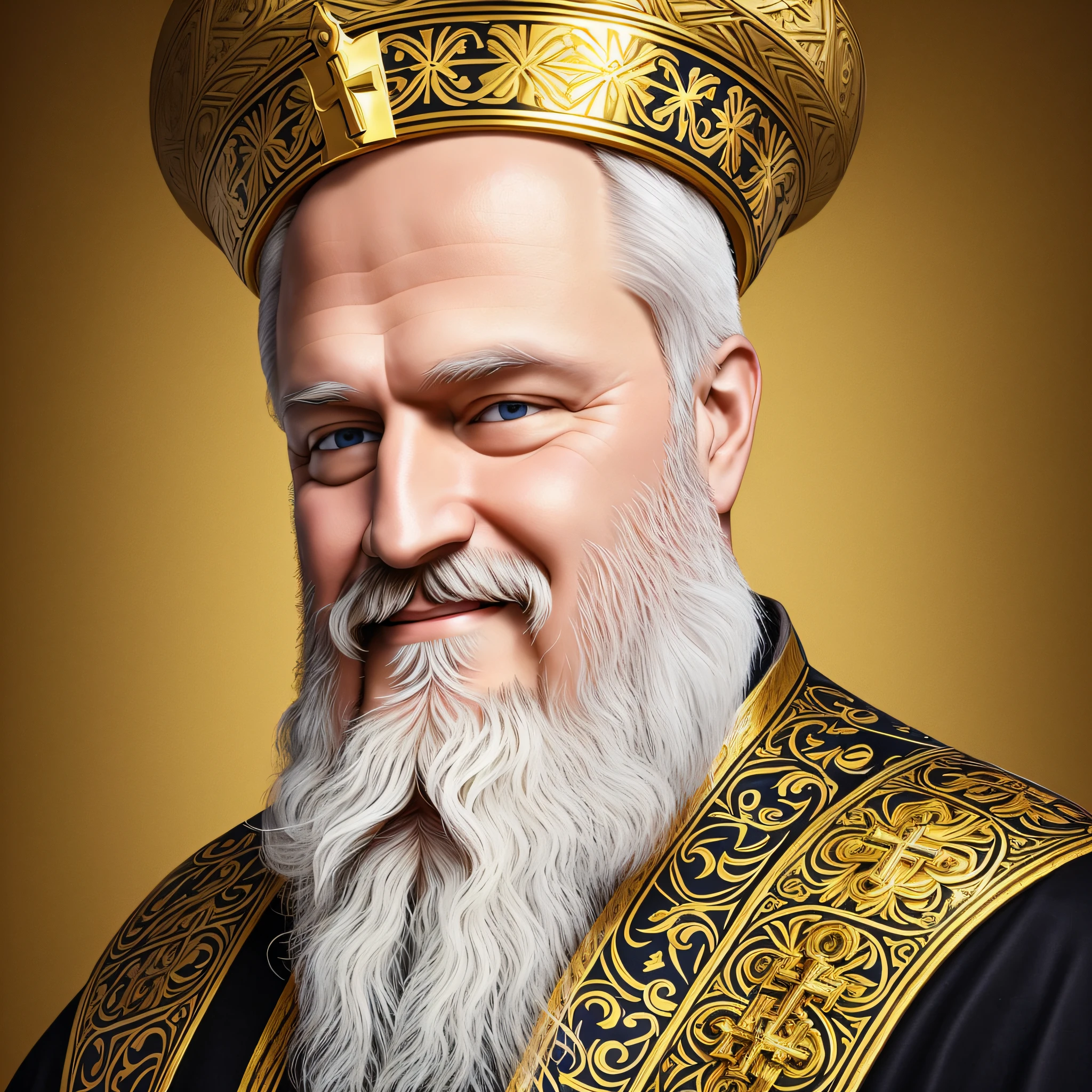 Create an image of a priest, Russian priest, the Orthodox Church, only his face smiling slightly and white beard, with golden clothes --auto --s2