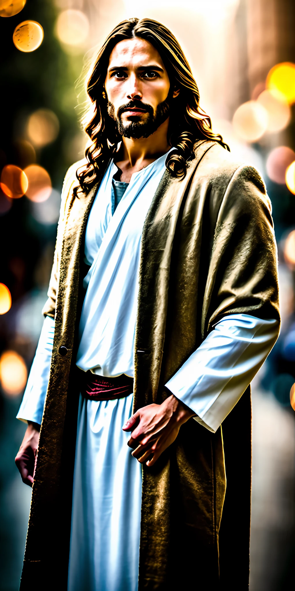 portrait of modern day Jesus, cinematic lighting, depth of field, bokeh, realism, photorealistic, hyperrealism, professional photography, uhd, dslr, hdr