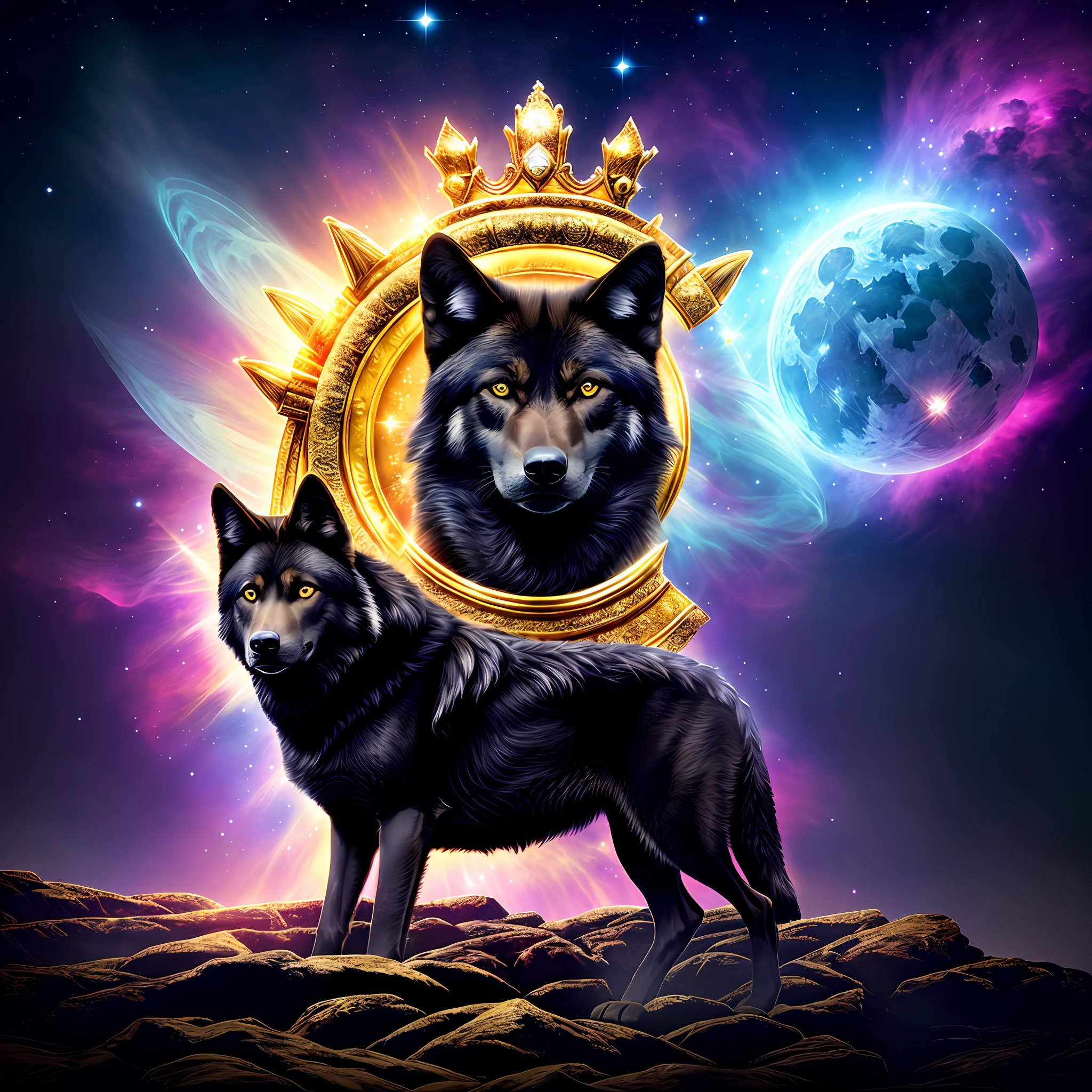 photo of, portrait , a black wolf in full royal costume and a golden crown , seated on a throne, against the background of the nebula ((Better anatomy)) hyperrealism, super realism, proportional, Overall Quality, stylized, Normal anaromia