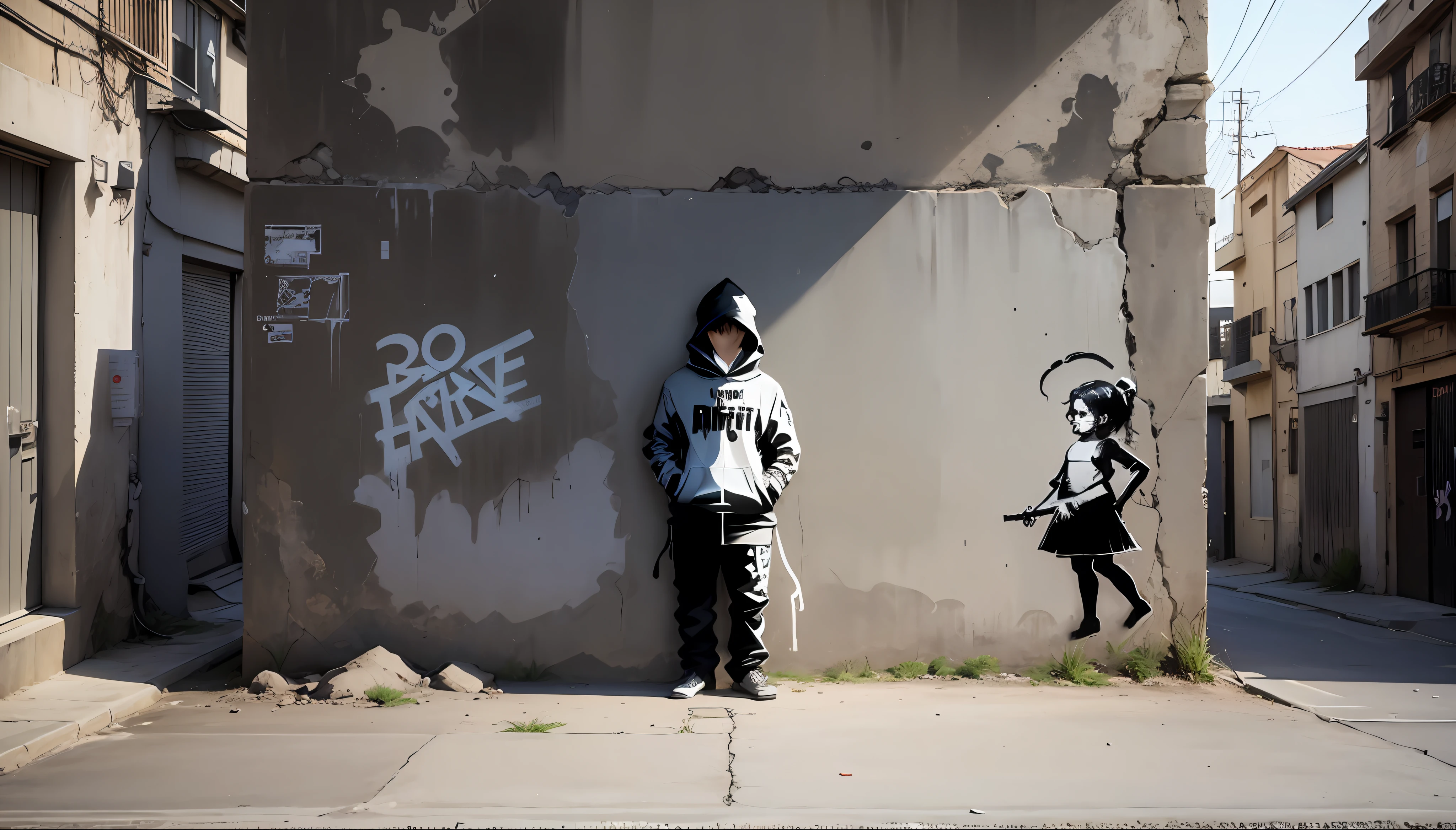Crie uma imagem no estilo de Banksy que mostre uma mensagem socialmente relevante. Use a monochrome color scheme with a focus on graffiti-style text and bold images to create a striking and thought-provoking scene. Use stencil-like elements to create a realistic, detailed scene that captures the essence of Banksy's signature style. Adicione peso ao texto para enfatizar a mensagem da arte. --auto --s2