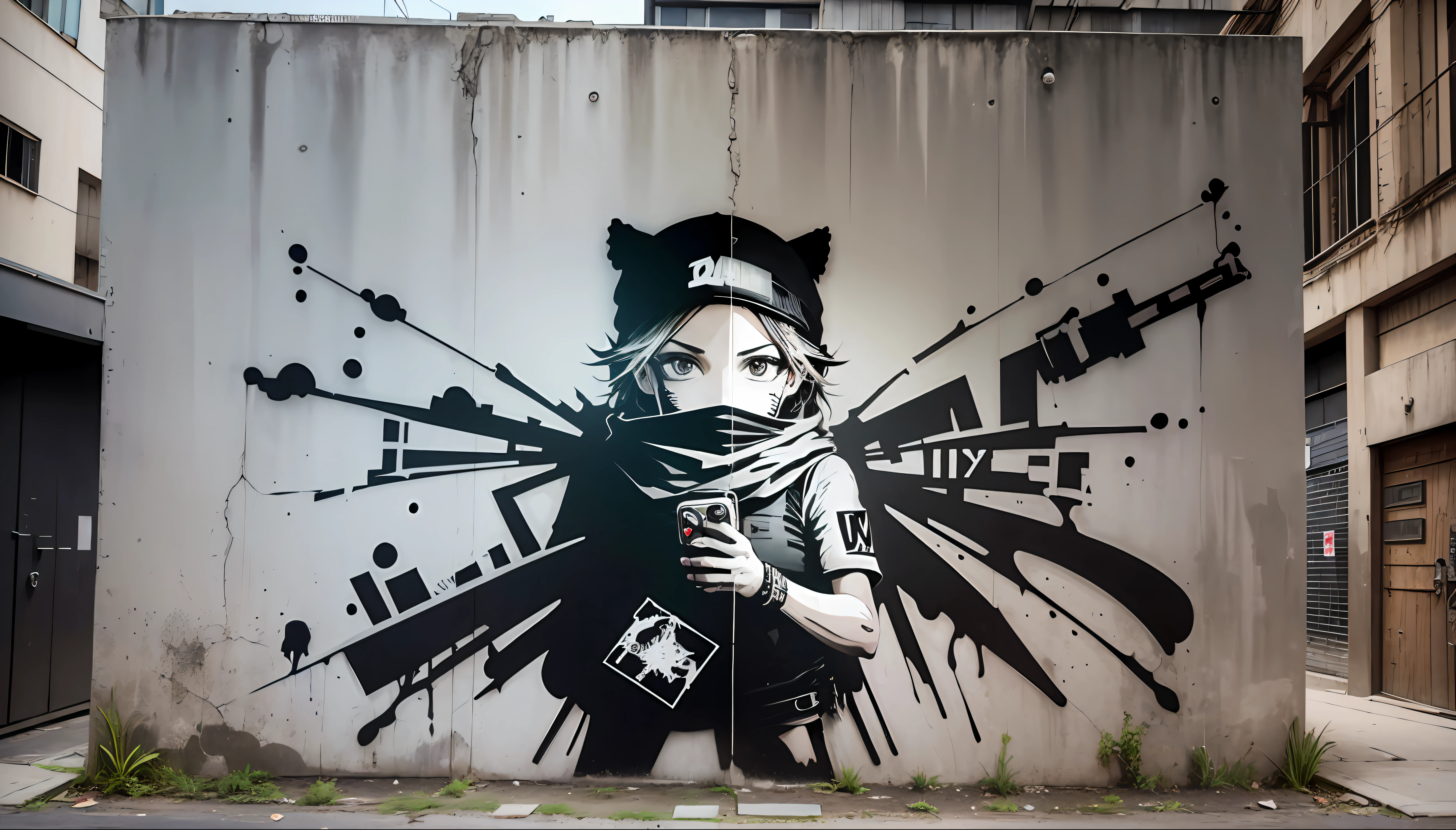 Crie uma imagem no estilo de Banksy que mostre uma mensagem socialmente relevante. Use a monochrome color scheme with a focus on graffiti-style text and bold images to create a striking and thought-provoking scene. Use stencil-like elements to create a realistic, detailed scene that captures the essence of Banksy's signature style. Adicione peso ao texto para enfatizar a mensagem da arte. --auto --s2