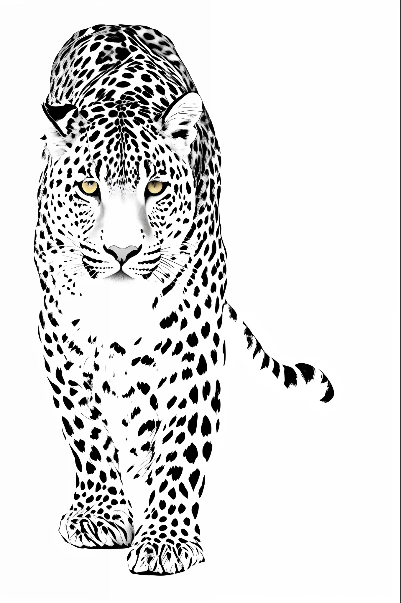 a black and white drawing of a leopard standing in the snow, highly detailed”, highly detailed ”, jaguar head tattoodesign, higly detailed black ink outline, by Dean Ellis, black on white line art, by Dahlov Ipcar, wildlife drawing, b & w, b&w, b&w!, very detailed”, very detailed ”, cub, cheetah