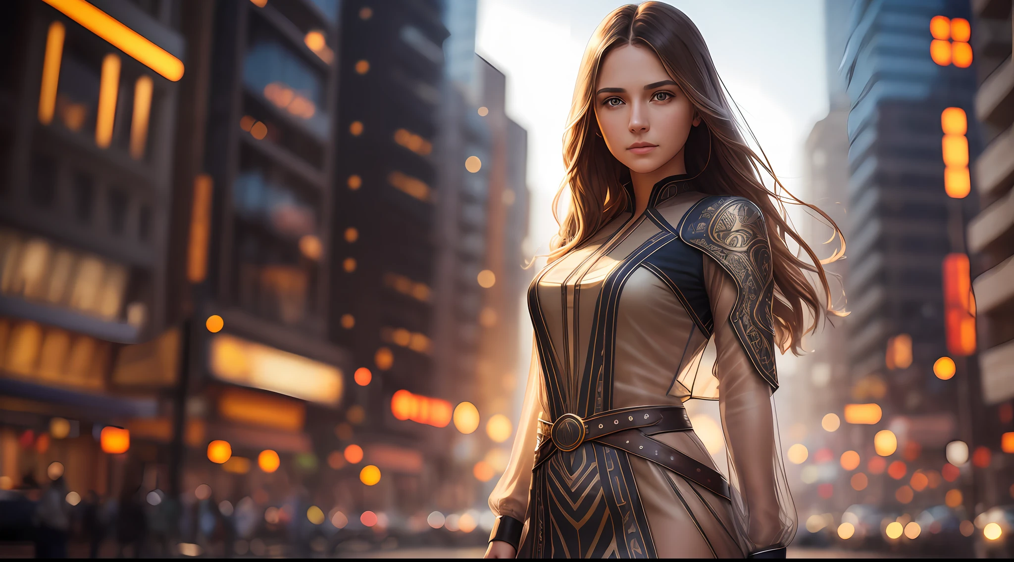 beautiful young woman with transparent western tunic dress, eyes visible through hair, proper eye position, natural skin, backlight, cinematic light, rim light, soft light, hips, in night time, city side background, detailed color graded background, intricate, highly detail, octane render, by Annie Leibovitz, portrait photography, multiple views, HD, 8k --auto --s2