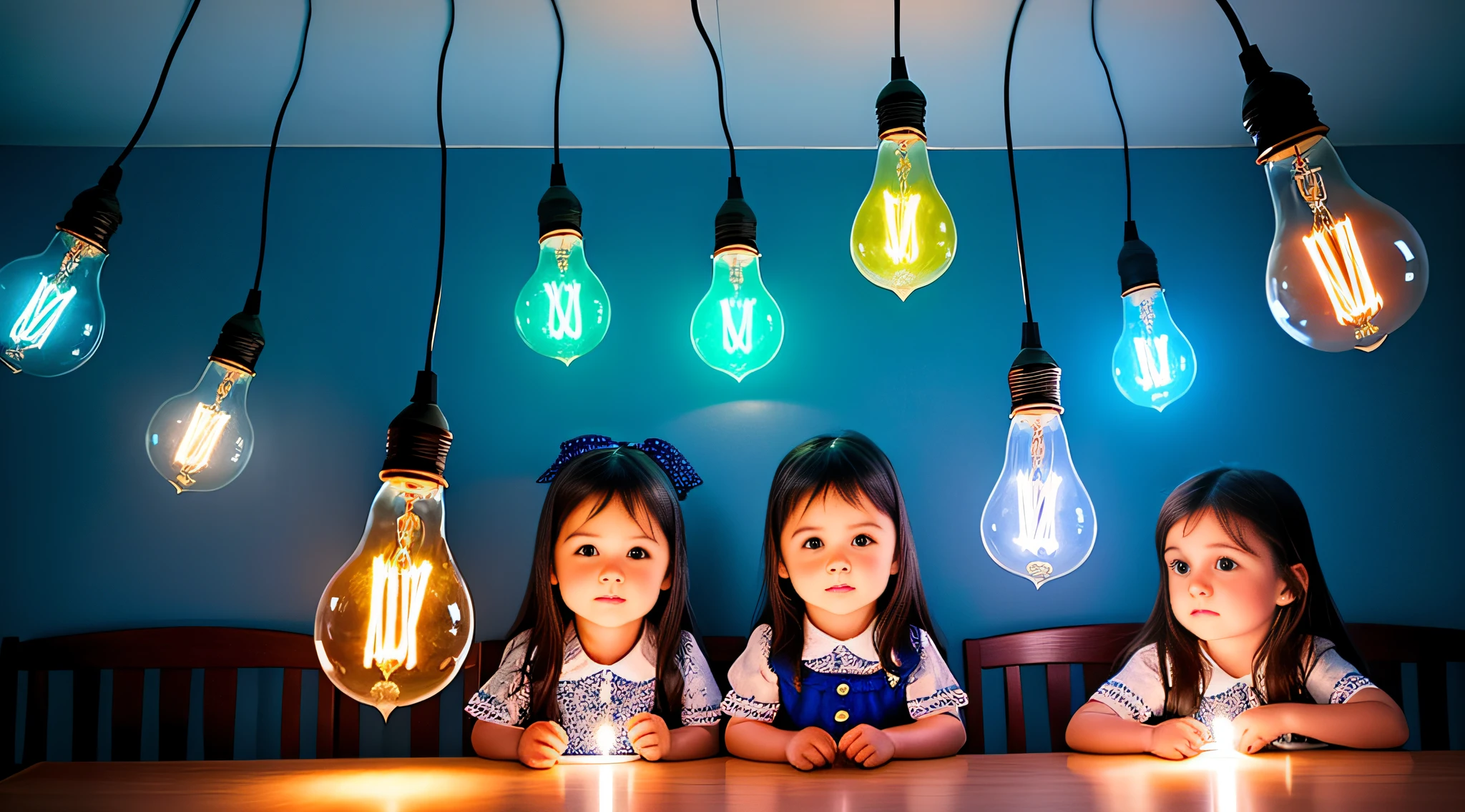 4 GIRLS Russian children with 20 years old WITH LONG STRAIGHT HAIR dark, ESTILO RETRATO, jaqueta de couro preta, there are many light bulbs hanging from the ceiling in a room, light bulbs, some bulb lights, Esclarecedor, lightbulb, innovation, luzes fluorescentes cintilantes, blue shiny lighting, blue lighting, luz azul, incandescent lighting, lightbulb, luzes azuis, an upright lightbulb, illumination, em destaque, ideas, illumination, iStockphoto, Luzes