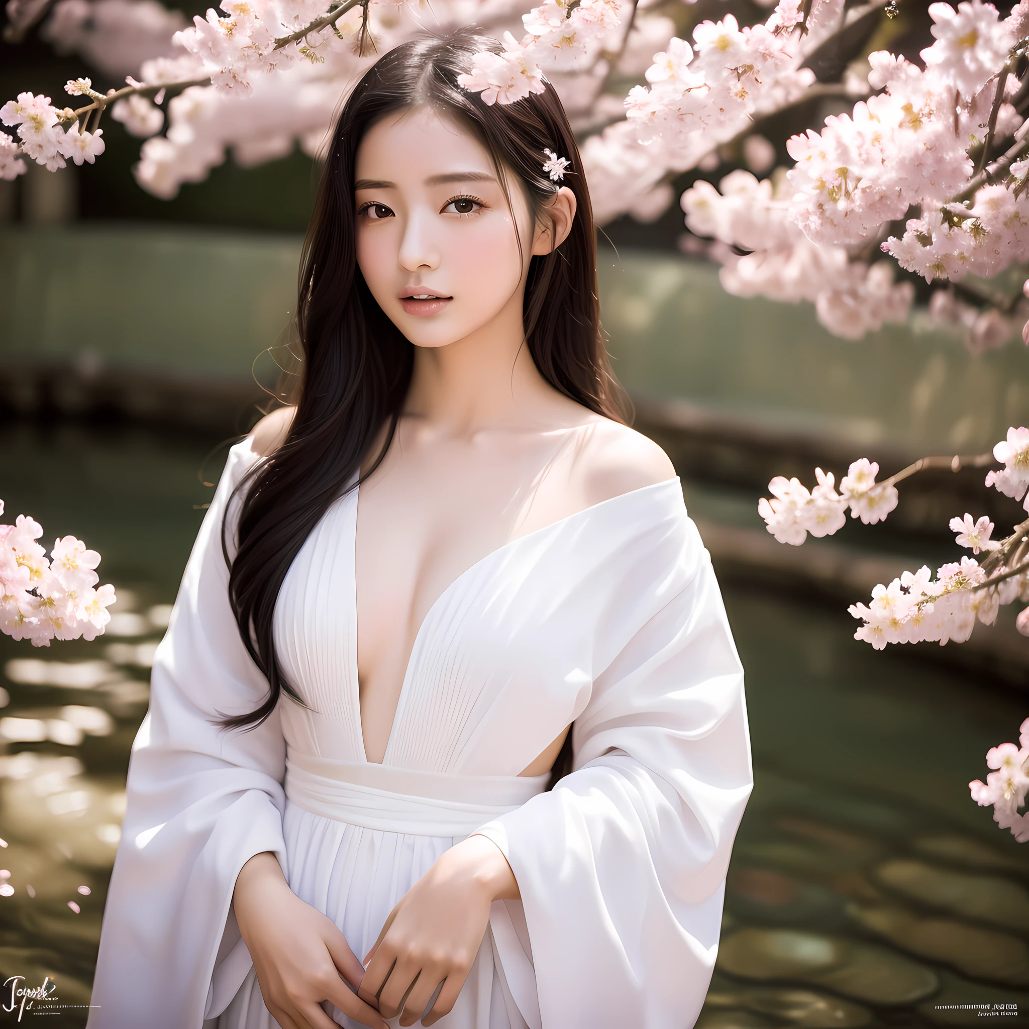 (best quality, masterpiece), close-up, high resolution, beautiful and sensual portrait of a (japonesa),wearing a (roupa de banho), with glowing skin and deep black hair, suggestive and alluring gaze, (japanese background scenery) with (sakura petals) gently falling, creating a romantic and dreamy atmosphere.