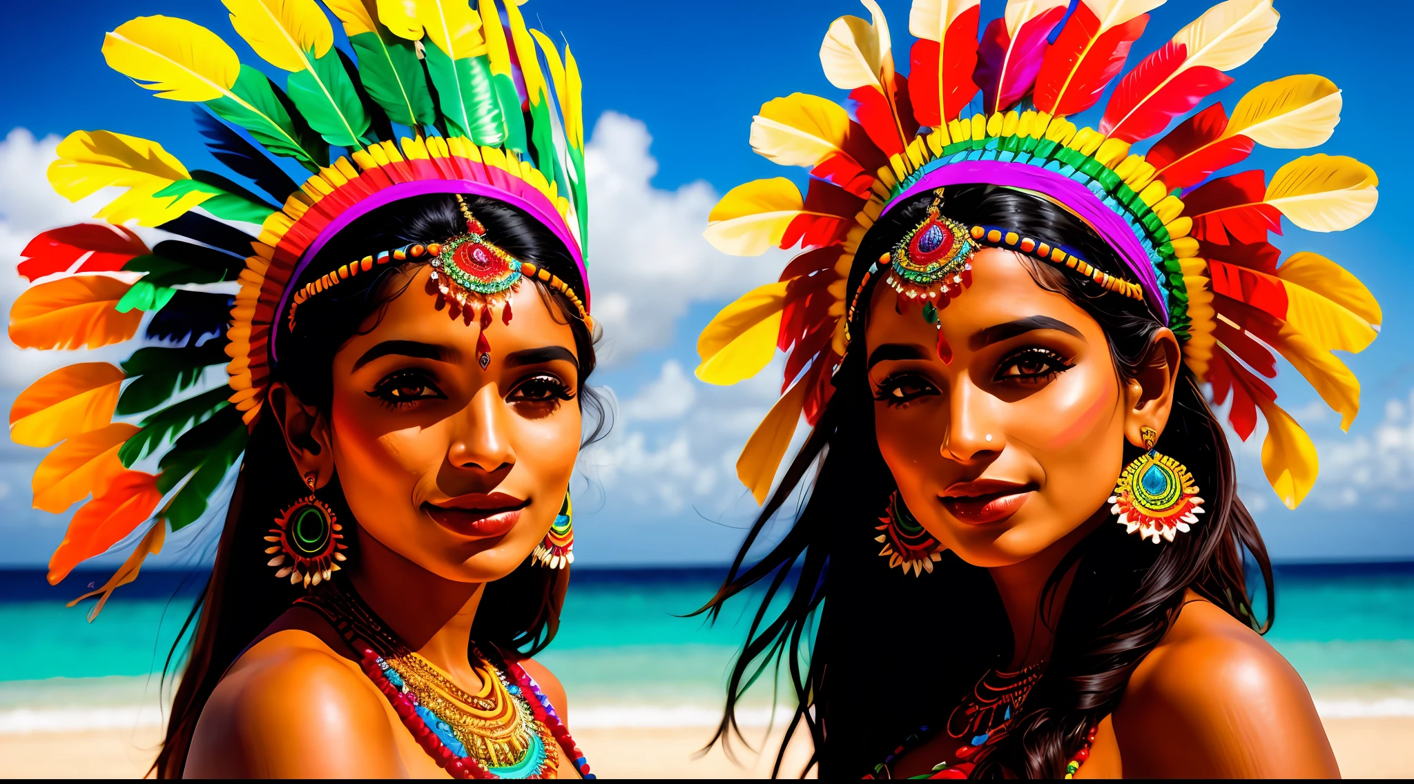 very beautiful brazilian india wearing a colorful headdress, com um corpo extremamente lindo, lavando roupa na fonte