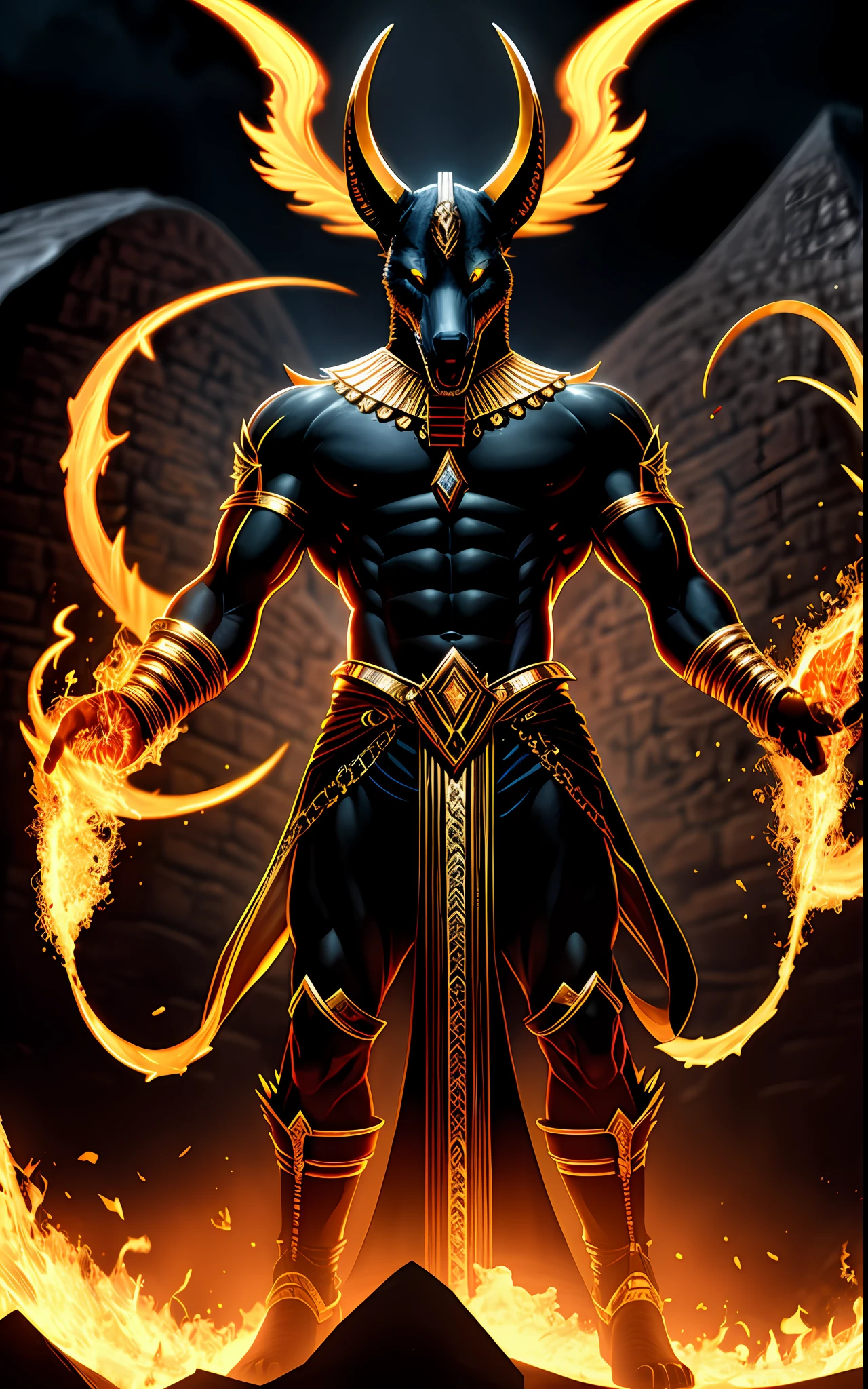 (high quality), photorealistic,
jewelry, (solo),
(dynamic pose), towards right, ((hell gate)), fire, hell landscape, (the underworld), (dark landscape),
anubis, egyptian jackal headed god, anthro, muscular, (holding golden scales), dynamic pose, cinematic, dramatic camera angle, (good anatomy), (good proportions), award winning, masterpiece, centered,