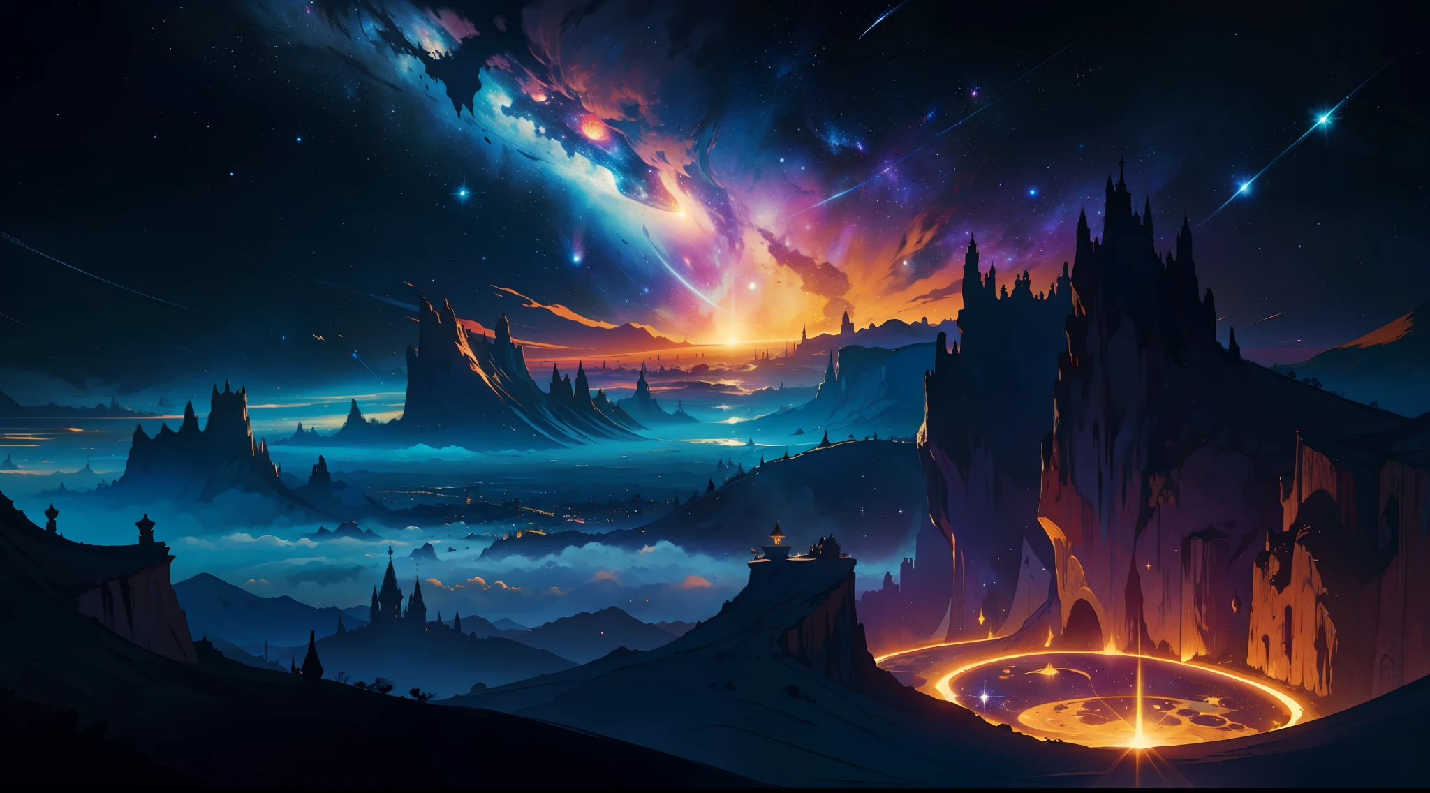 paisagem de fantasia, fantasia sombria, medieval, overhead view, planetas, galaxies, magia, tons escuros, anoitecer, brilho do sol, uma maga elfa