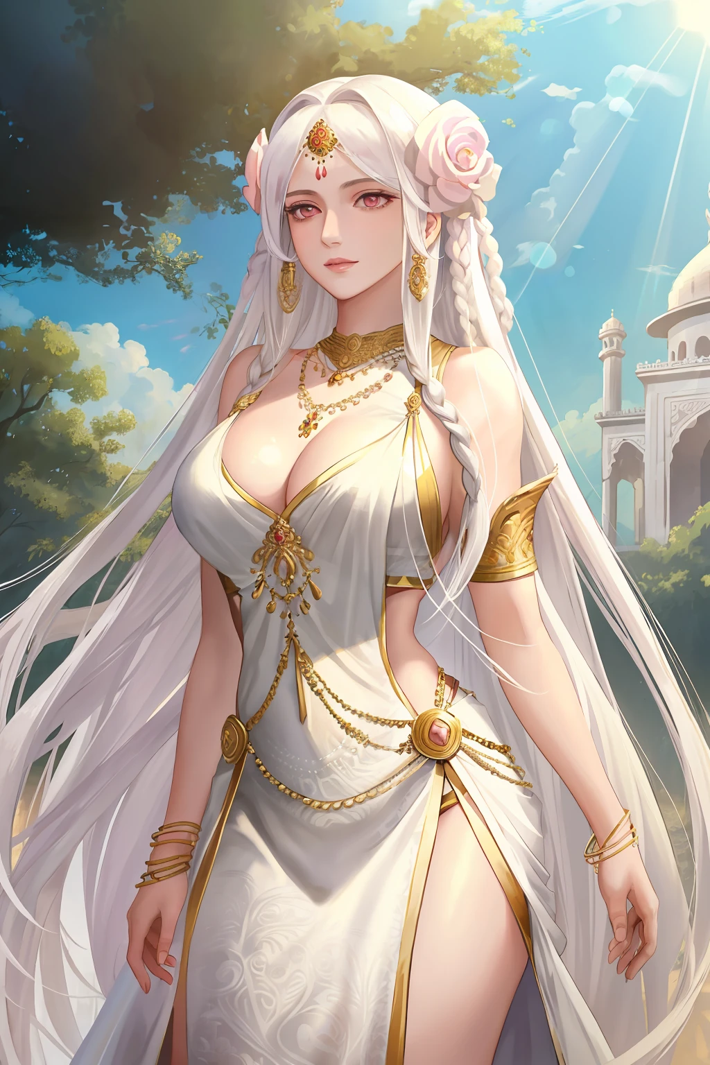 (masterpiece, best quality), 1girl, mature female, breasts, long white hair, white clothes, bare shoulder, india clothes, pink eyes, light smile, tall figure, hair ornament, necklace, jewelry, divine, godlike, goddess, immortal, cowboy shot, detailed background, heaven palace, outdoor, godrays, sunbeams,