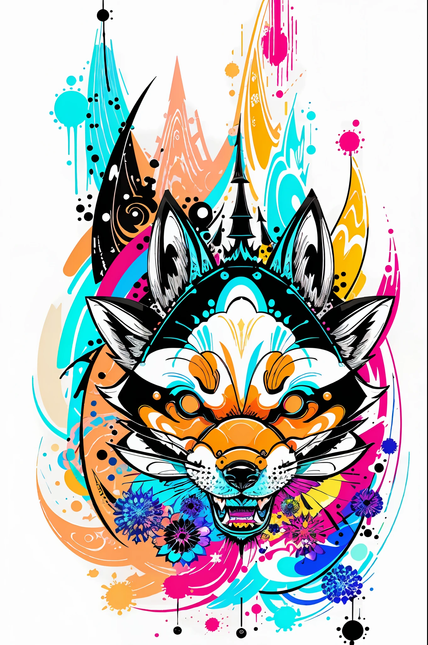 in the style of 0mib, adorable japanese fox, prismatic shards, reflecting fractal circles, ink spatter, melting brush strokes, particles vortex, dramatic lighting, high quality, beautiful, masterpiece