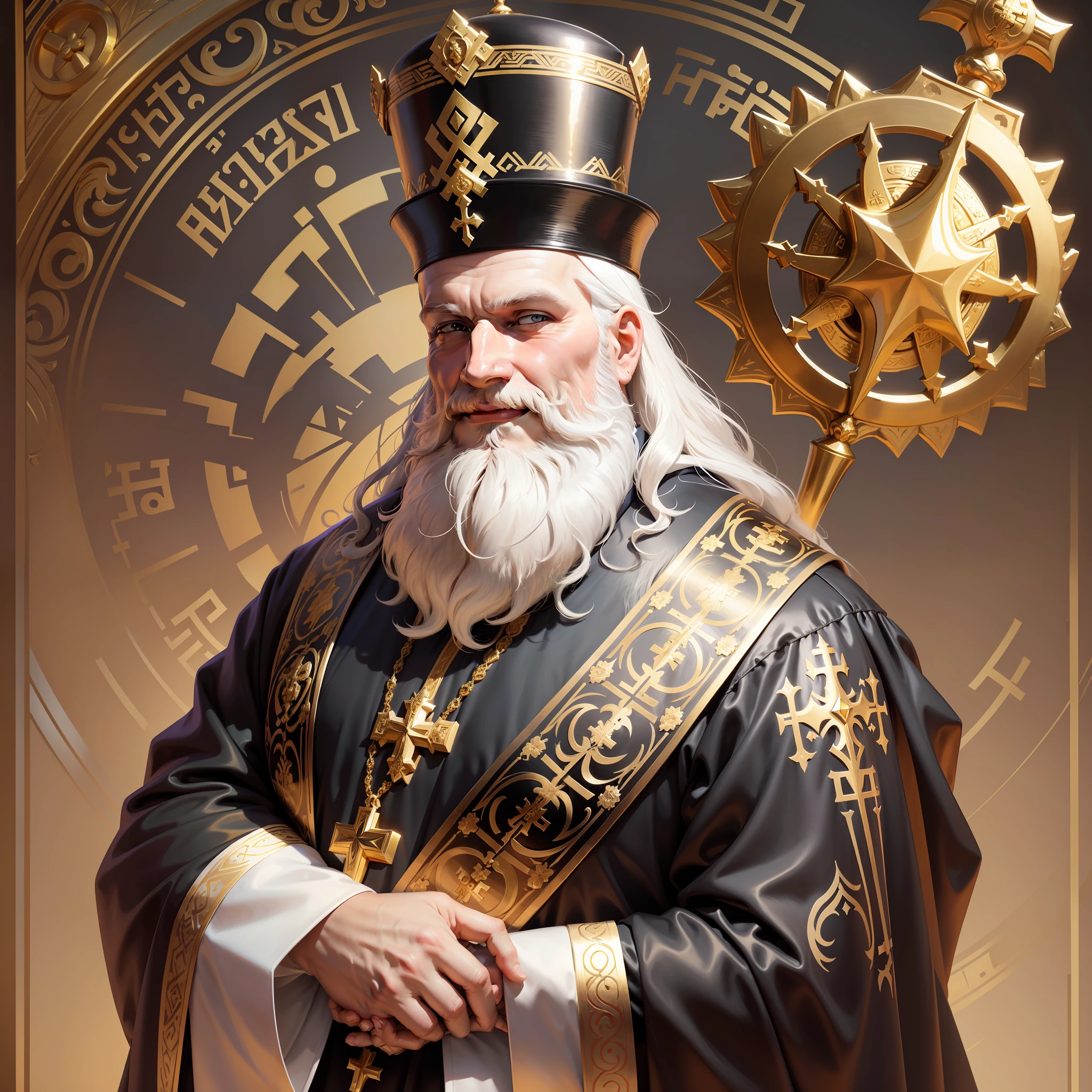 Create an image of a priest, Russian priest, the Orthodox Church, only his face smiling slightly and white beard, with golden clothes and golden orthodox camelauco. --auto --s2
