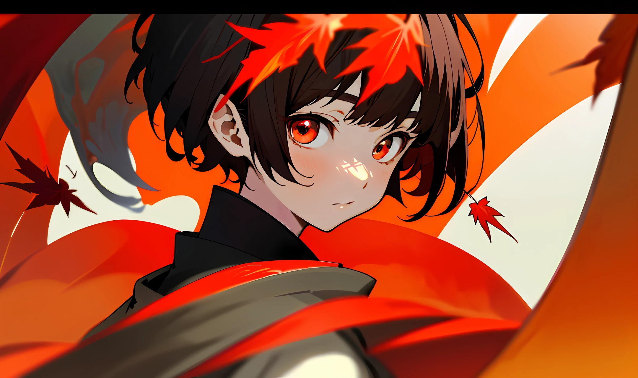 Create an image of an anime-style Japanese girl with distinctive features. The character has a pixie cut hairstyle with dark brown hair featuring red undertones. Her eyes are vibrant red, reflecting intensity. Color palette of the image should be the warm and rich hues of maple leaves.