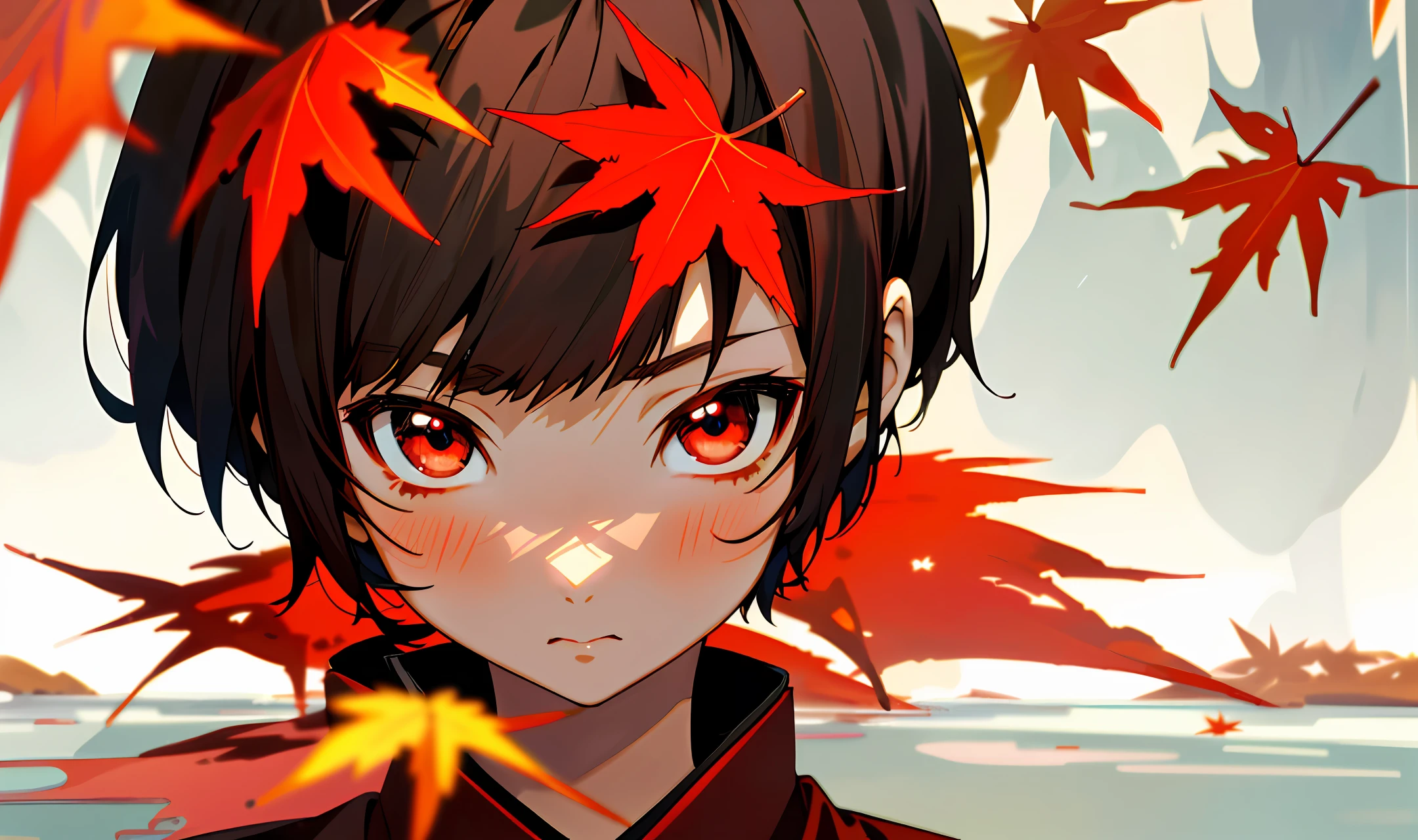 Create an image of an anime-style Japanese girl with distinctive features. The character has a pixie cut hairstyle with dark brown hair featuring red undertones. Her eyes are vibrant red, reflecting intensity. Color palette of the image should be the warm and rich hues of maple leaves.