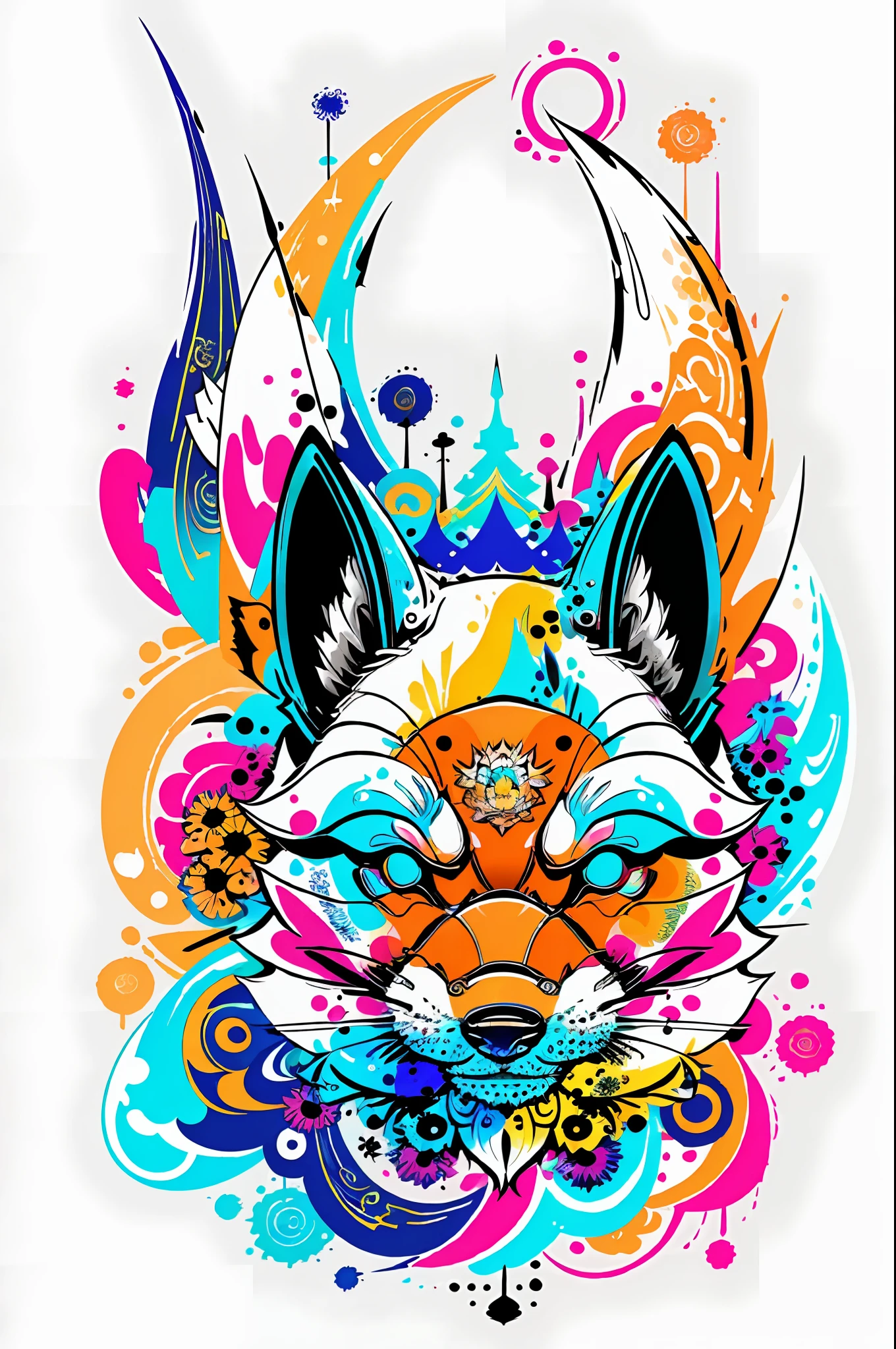 in the style of 0mib, adorable japanese fox, prismatic shards, reflecting fractal circles, ink spatter, melting brush strokes, particles vortex, dramatic lighting, high quality, beautiful, masterpiece