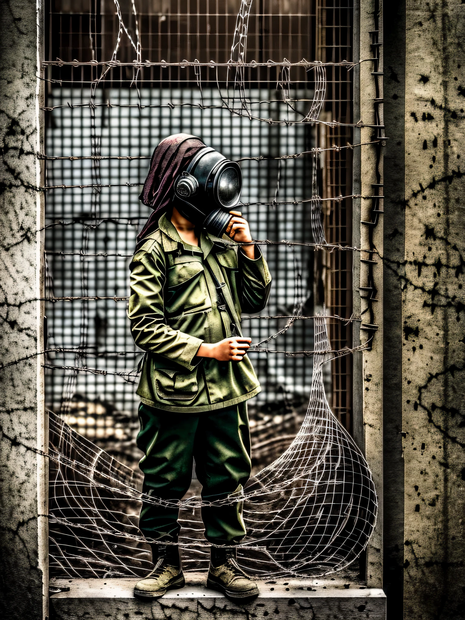 "((best quality)), high contrast, dark, dystopian, a world in despair, oppression, soldiers, gas masks, barbed wire, ruins, decay, hopelessness, unrest, revolution, desolation, (1 girl), defiance, rebellion."