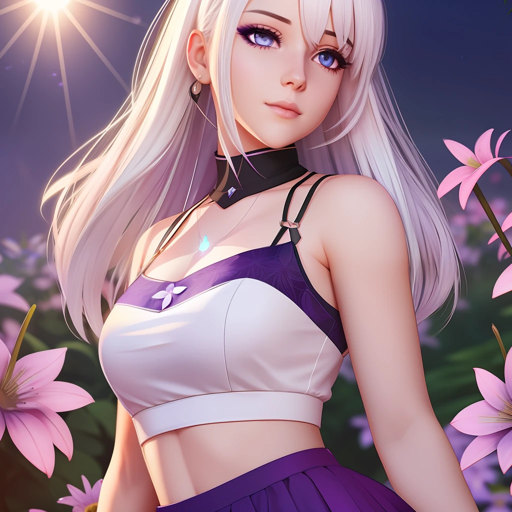 realistic, 1girl, white hair, purple eyes, glowing eyes, crop top, skirt, parted lips, blush, night, flowers, sun, sunlight, --auto --s2