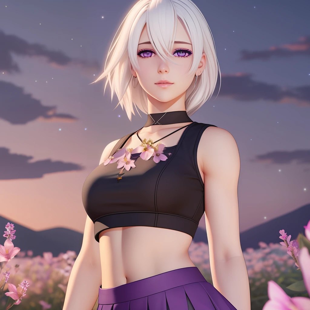 realistic, 1girl, white hair, purple eyes, glowing eyes, crop top, skirt, parted lips, blush, night, flowers, sun, sunlight, --auto --s2