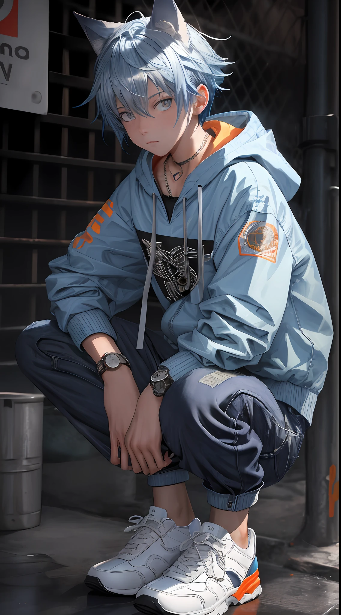 a masterpiece，Bestquality，Official Art，8kwallpaper，RAWExtremely detailed，illustartion，1BOY，Animal ears，blue hair，with short hair，Trendy outfits，Silver necklace，Orange mechanical watch，white sneakers，squat down，Hands droop naturally，Blue hooded jacket with graphic monogram，Light-colored denim cargo pants，Street side，