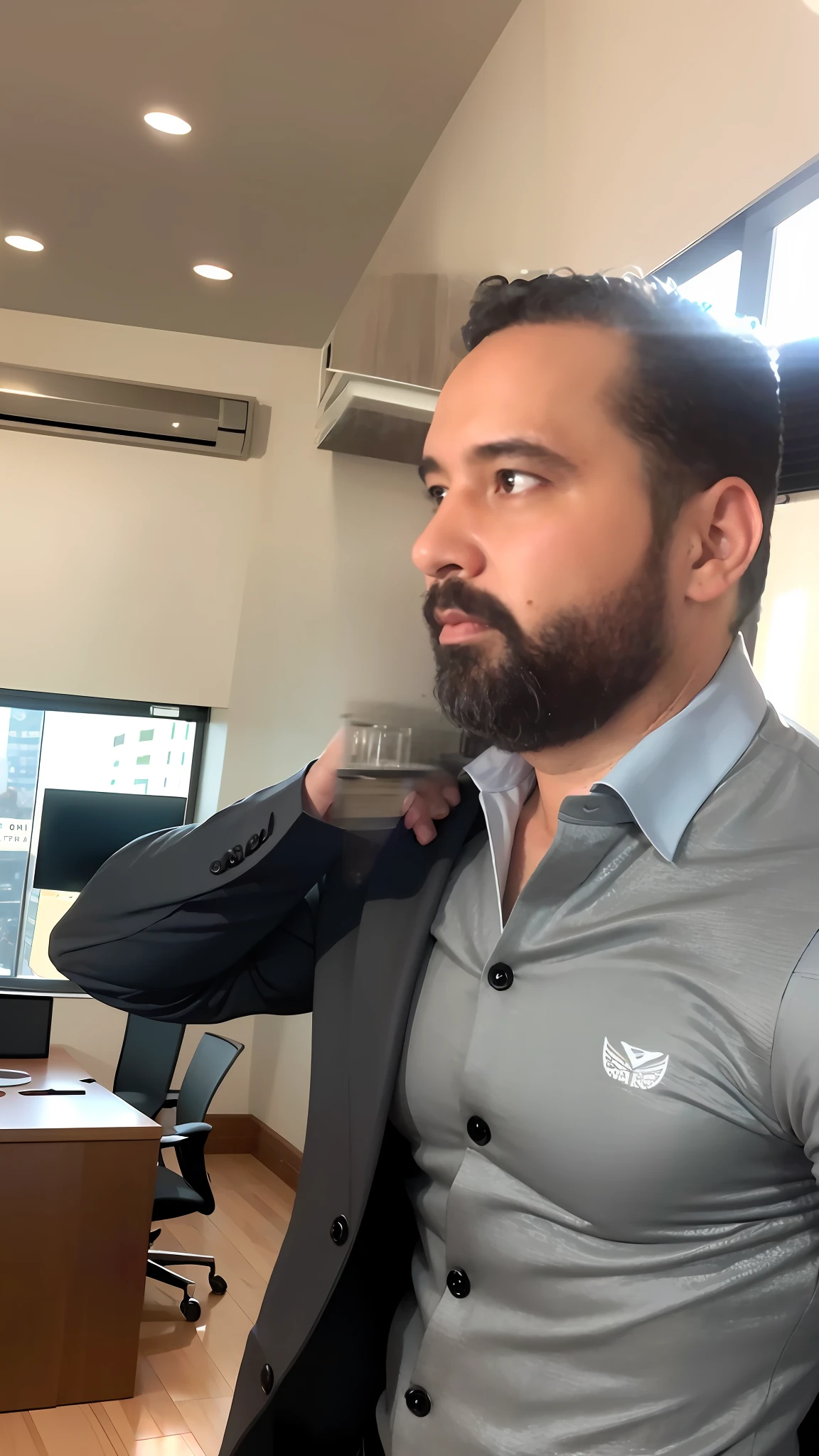 colocar esse homem de terno armani preto, estilo fit, in an elegant office of a building.