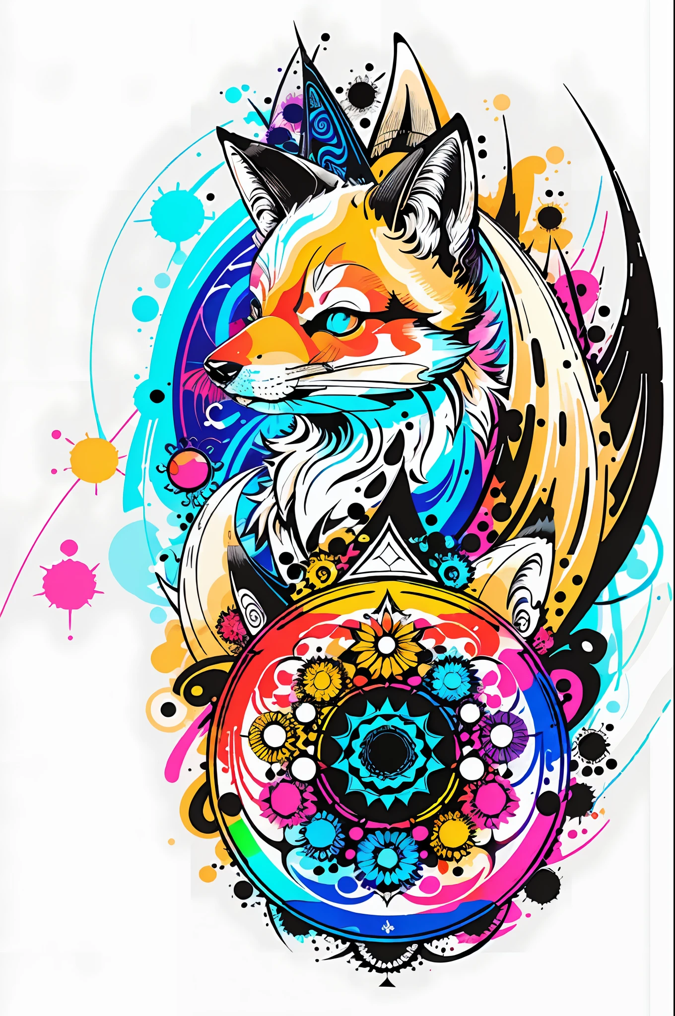 in the style of 0mib, adorable japanese fox, prismatic shards, reflecting fractal circles, ink spatter, melting brush strokes, particles vortex, dramatic lighting, high quality, beautiful, masterpiece