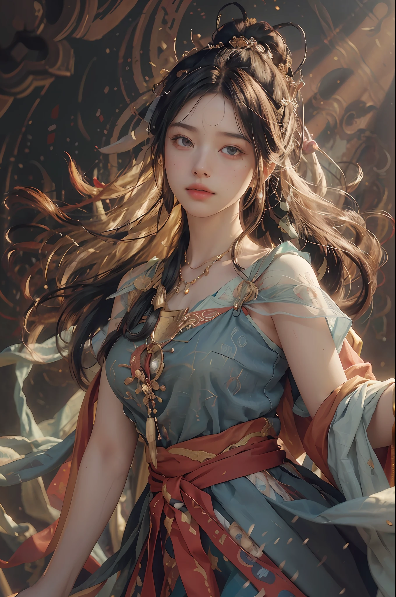 (RAW photo, best quality), (realistic, photo-realistic:1.3),best quality,highly detailed,masterpiece,ultra-detailed,illustration,1girl,upper_body,dynamic angle,world masterpiece theater,messy_long_hair,best quality,extremely detailed CG unity 8k wallpaper,ink,Amazing,cinematic lighting,lens_flare, dunhuang_style