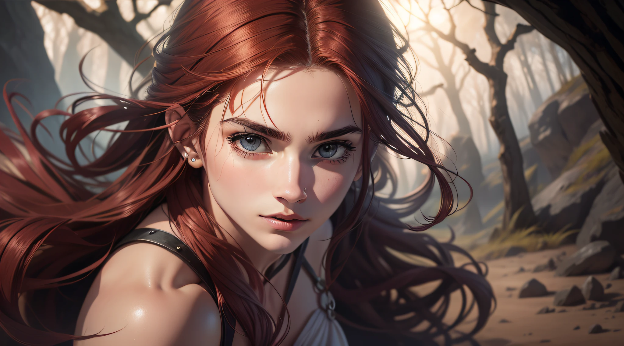 "Corpo inteiro de uma jovem guerreira de 16 anos sentada, cabelos curtos e vermelhos com pele castanha clara, heterocromia nos olhos, Fearless and determined look in high resolution, perfectly detailed with the best lighting, in an epic fantasy scene with action and emotion, all with the best possible level of quality."