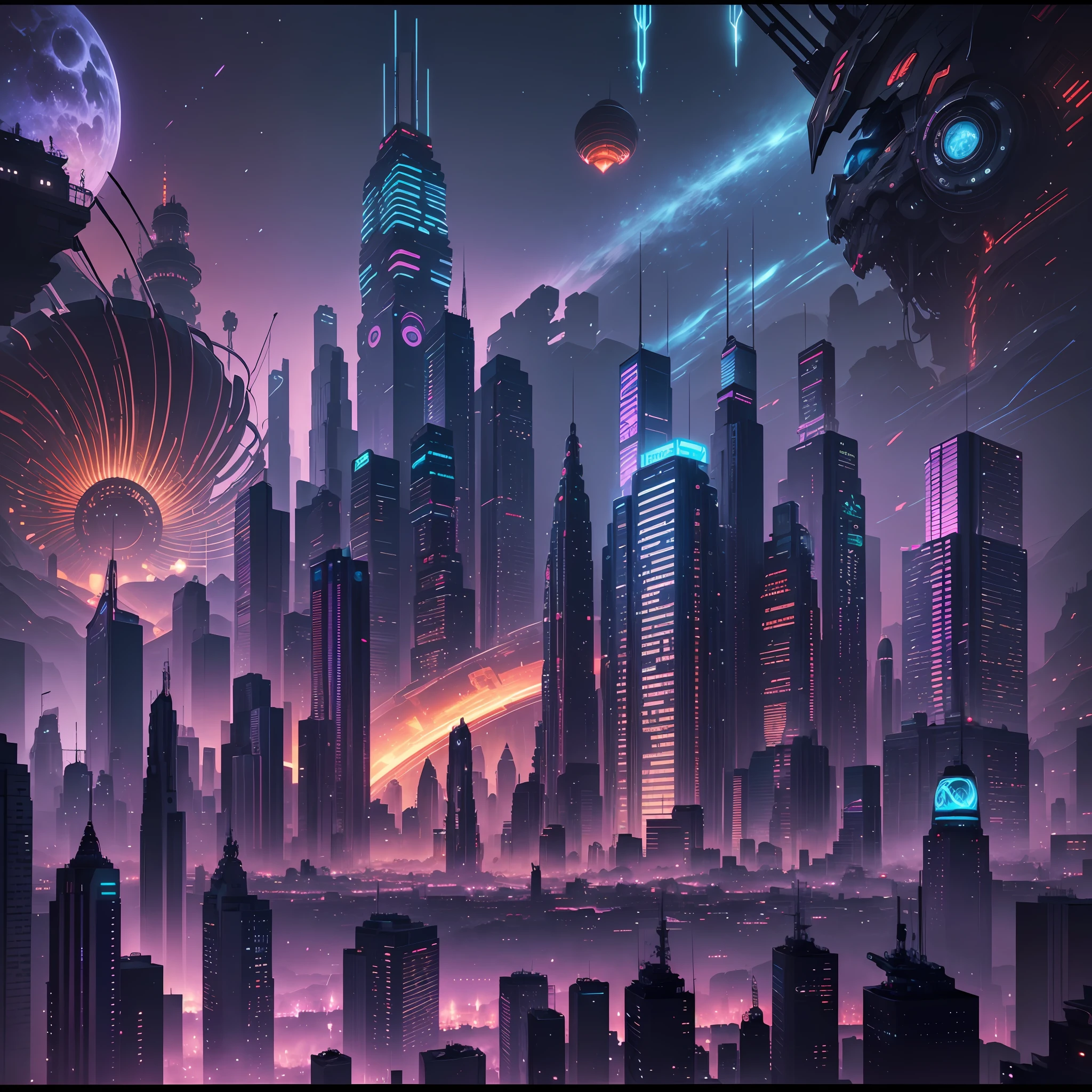 Explore the futuristic cityscape with mechanical skeletons, neon lights and alien ships. Witness the surreal sight of a shaman holding a king's drum and fluttering prayer flags. Get lost in the details of the impeccably dressed figures gazing out at the city from towering rooftops. Immerse yourself in the cyberpunk world filled with intricate mecha backpacks, hyperrealistic facial details and elegant electric cables. Experience this ABSURDLY detailed masterpiece in stable diffusion, with vibrant colors and H. R. Giger-inspired style. Come and discover this photo-realistic wonderland with Octane Render and Unity, in ultra-sharp 8K quality - it's sure to mesmerize and inspire you! --auto --s2