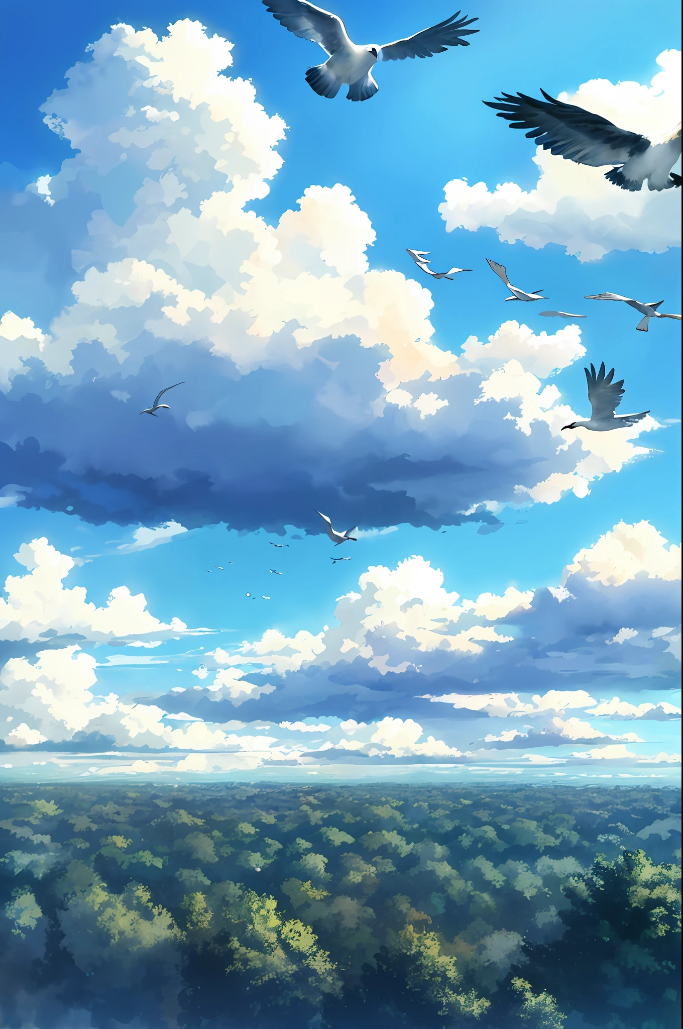 A flock of birds in the sky over an immense forest with many clouds in the sky