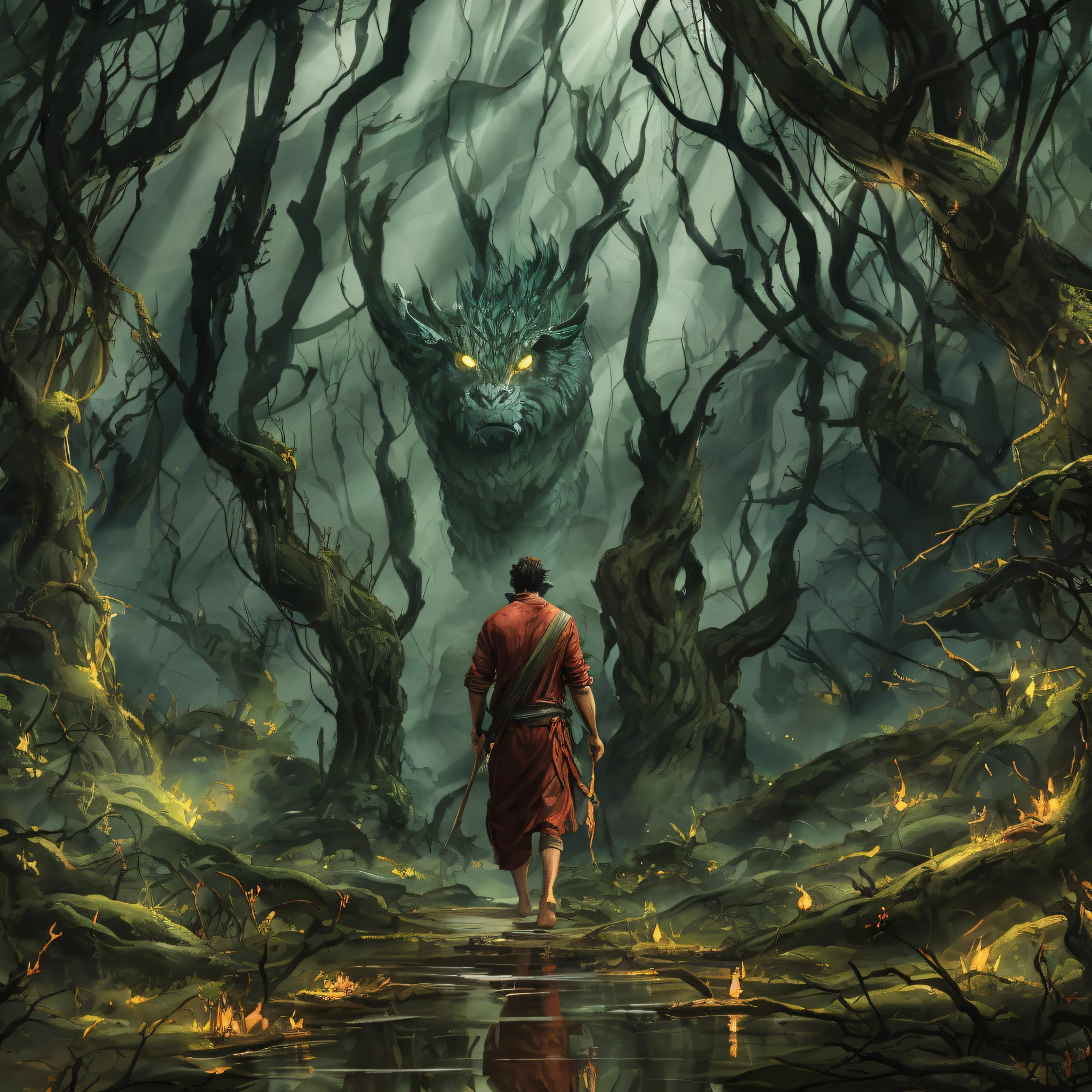 A man walks barefoot through the dark forest, lobos que me acompanham. Seus olhos ardem com um fogo selvagem, reflecting the courage and determination they face the monsters they insist on facing. --auto --s2