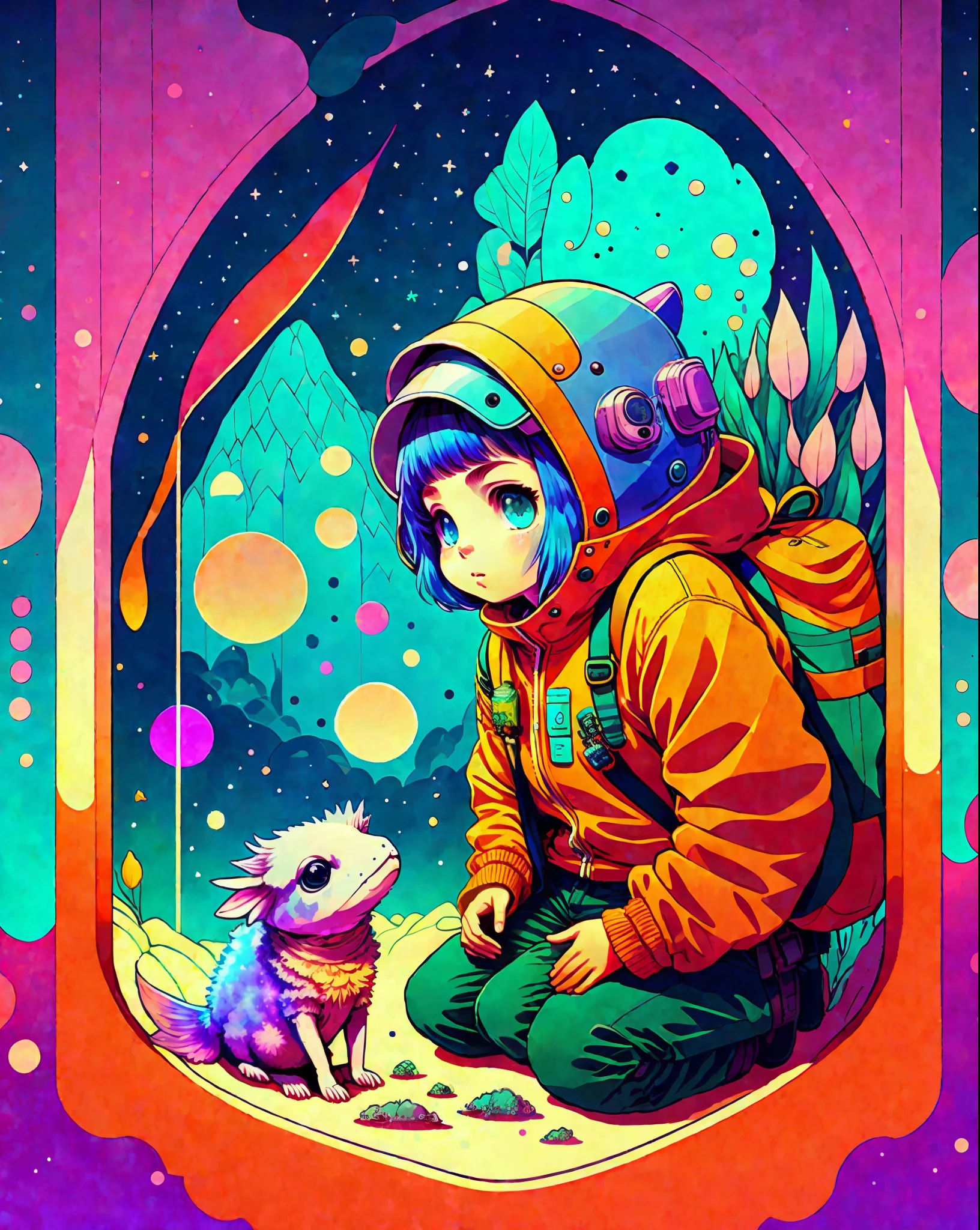 photo of a explorer with an axolotl as a pet inside the space with a psychedelic backgroun, style of laurie greasley, studio ghibli, akira toriyama, james gilleard, genshin impact, trending pixiv fanbox, acrylic palette knife, 4k, vibrant colors, devinart, trending on artstation, low details