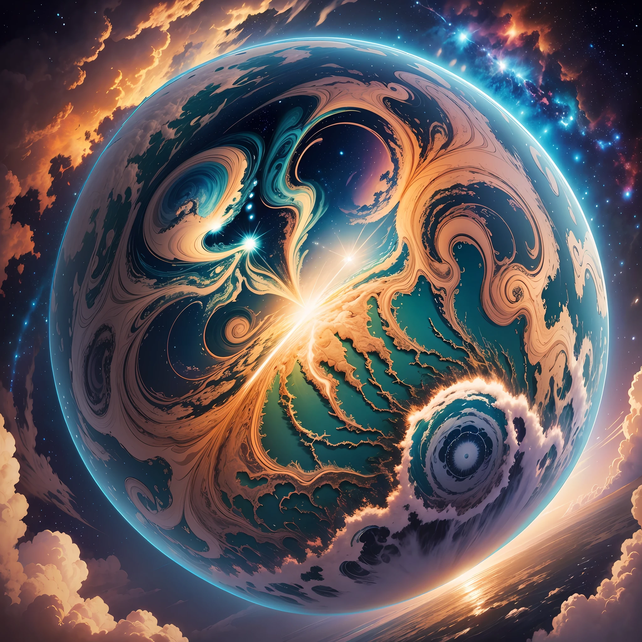 Realistic illustration of the Earth by Dan Mumford, highlighting the alien landscape encased between clouds and stars. The scene is epic, featuring swirling clouds in high exposure with lots of highly detailed detail. Vibrant blue colors bring the illustration to life. [hd] --auto --s2